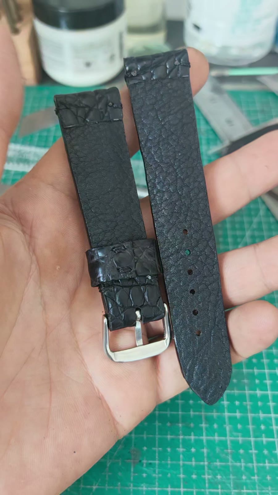 Handmade Black Crocodile Spine Leather Watch Strap