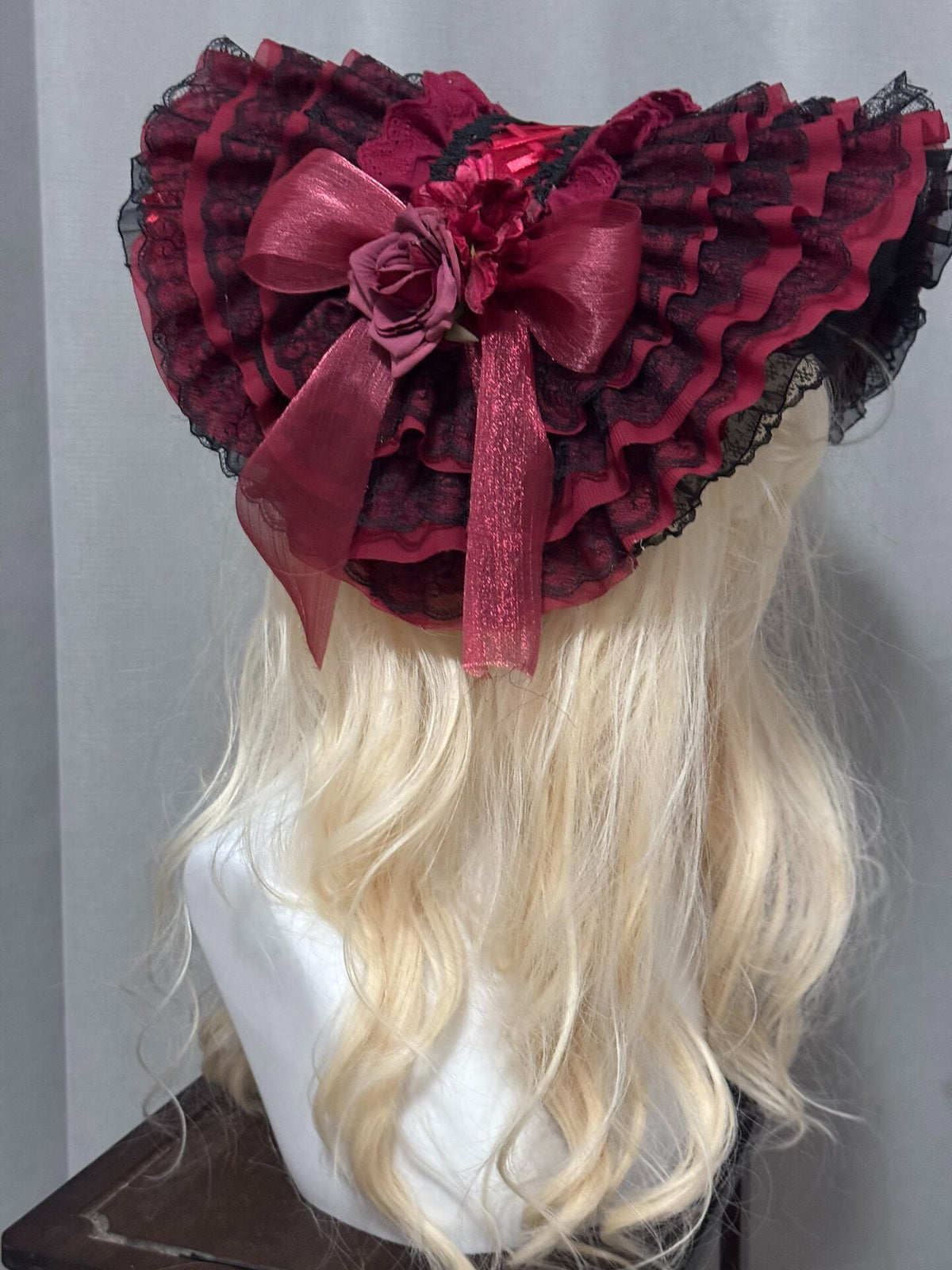 Handmade Lolita Bonnet Black Red Lace Brim