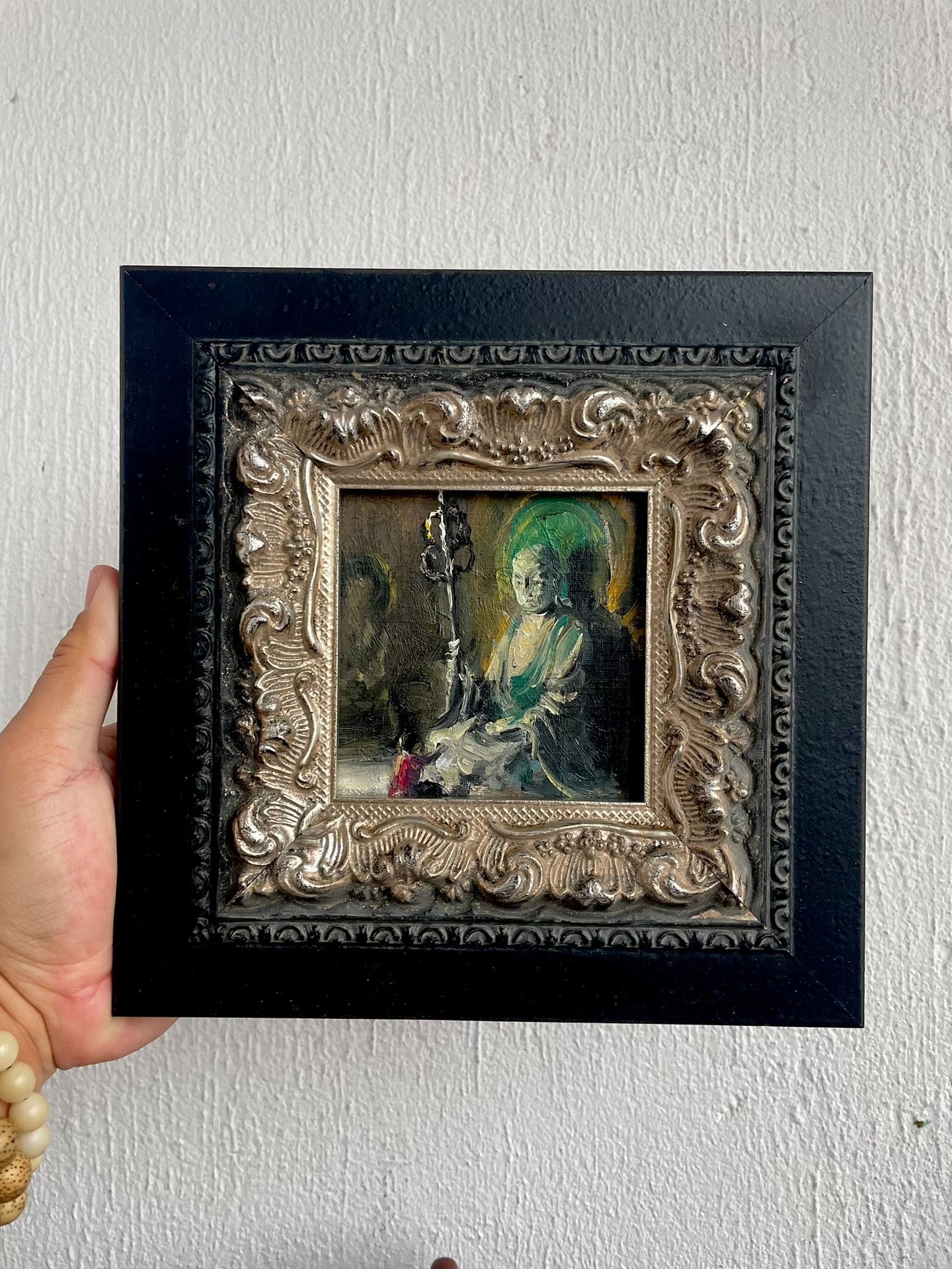 Framed Original Hand-Painted Oil Painting "Asking Earth Store" 10x10cm Canvas with Ornate Silver and Black Frame