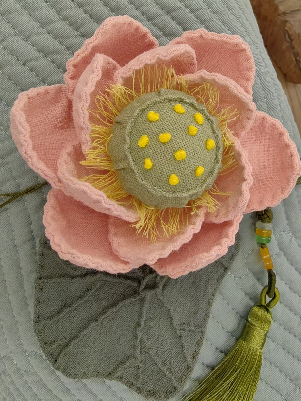 Handmade Lotus Hanging Ornament with Wooden Beads