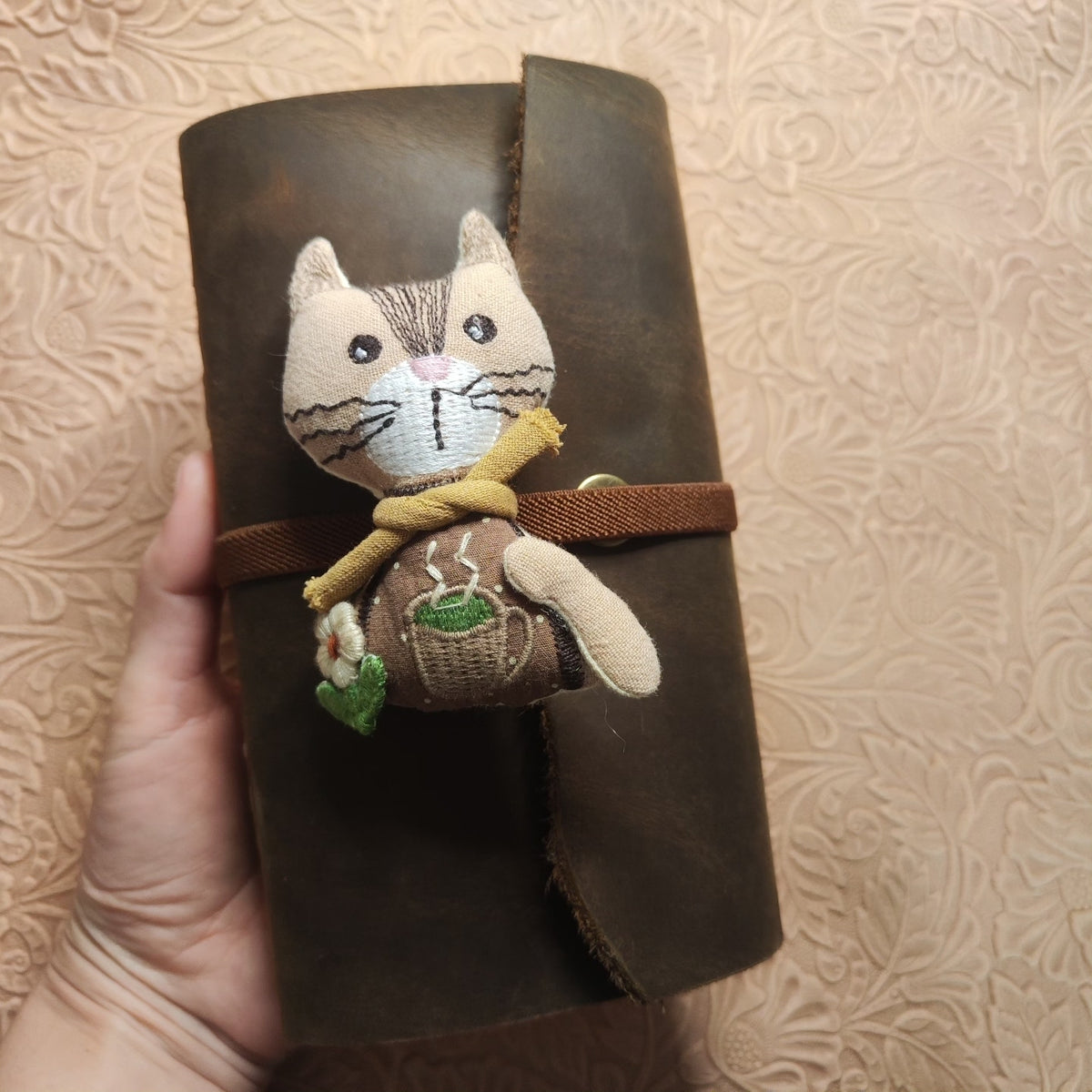 Handcrafted Leather Notebook with Cat Charm