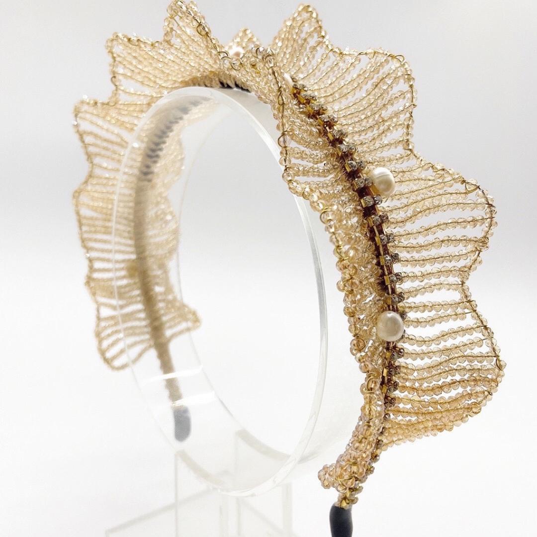 Champagne Beaded Crown Headband with Pearls
