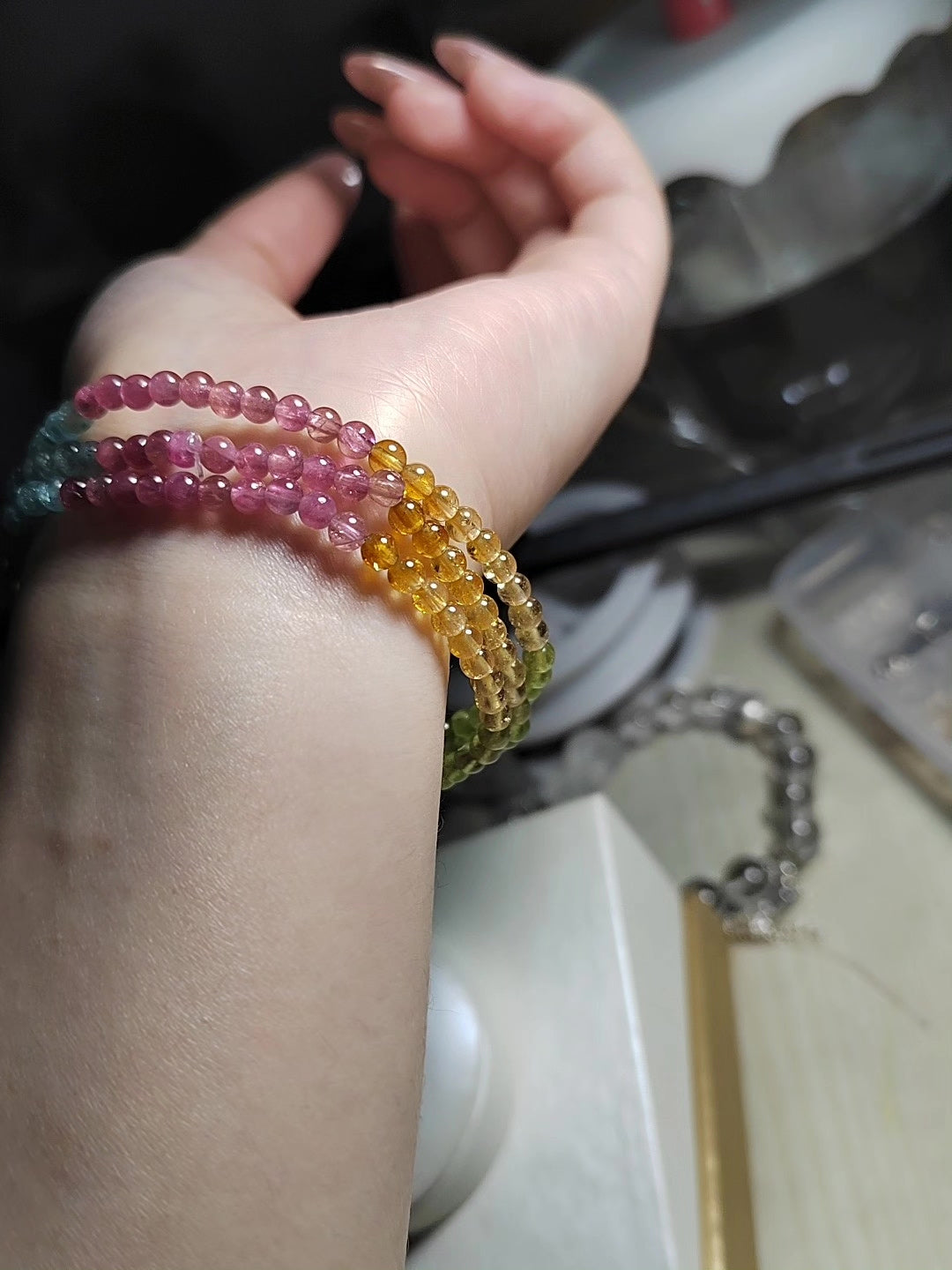 Pulsera de cuentas de turmalina arcoíris macaron 3,5 mm