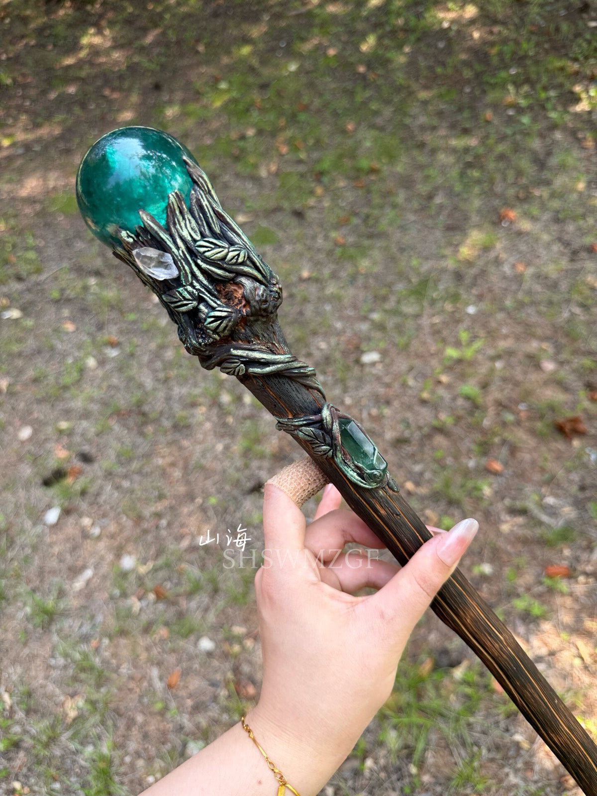 Fantasy Staff with Green Orb and Bronze Metalwork