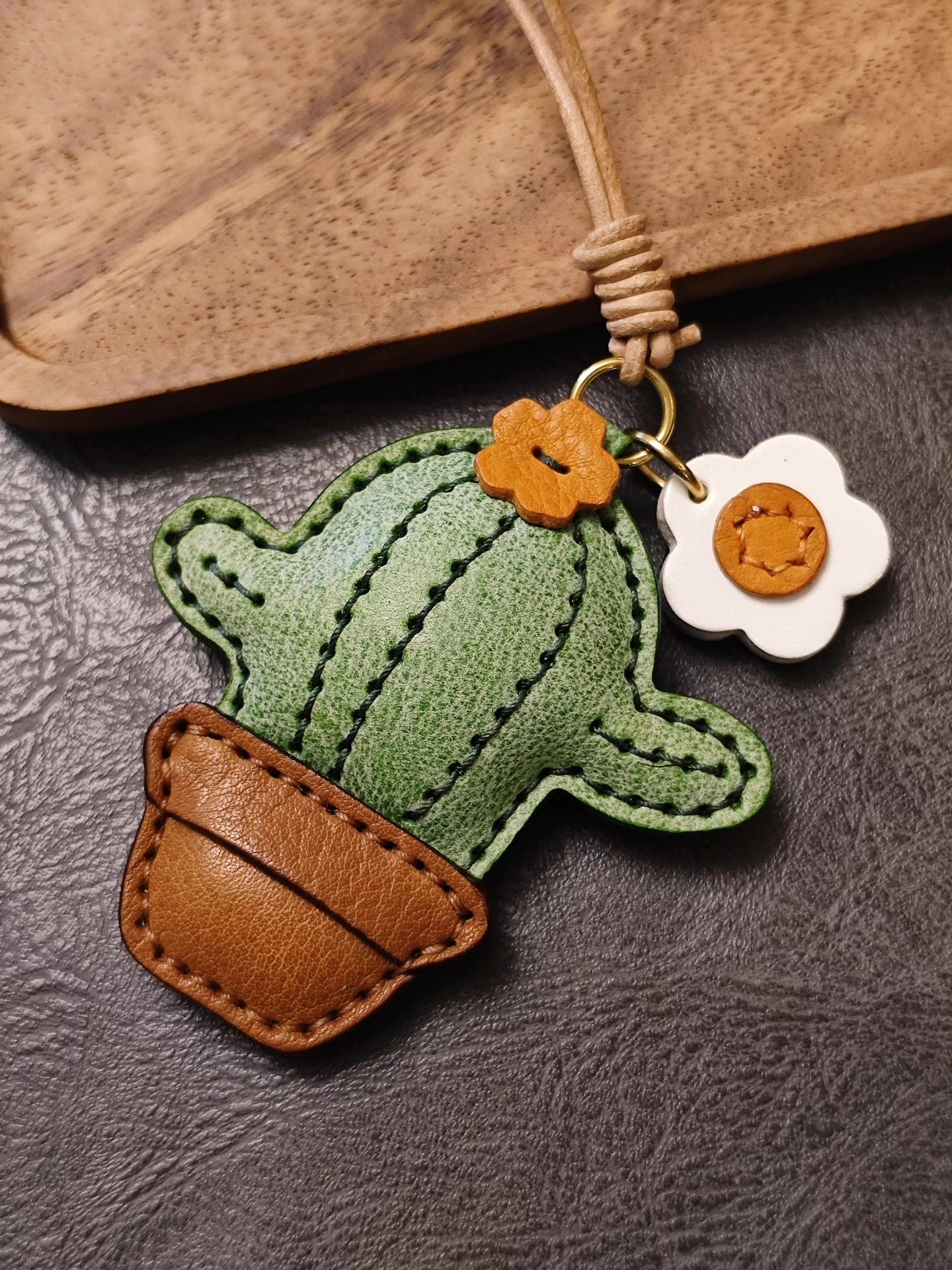 Handcrafted Cactus Leather Keychain with Flower Charms