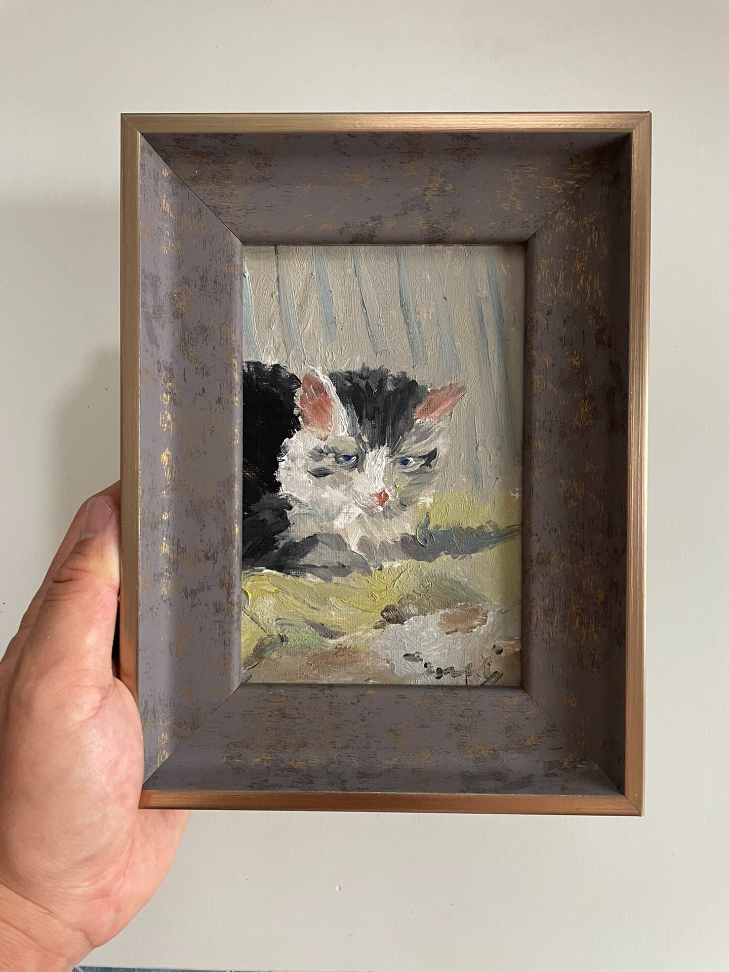 Small Cat Oil Painting in Distressed Frame