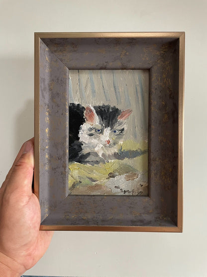 Small Cat Oil Painting in Distressed Frame