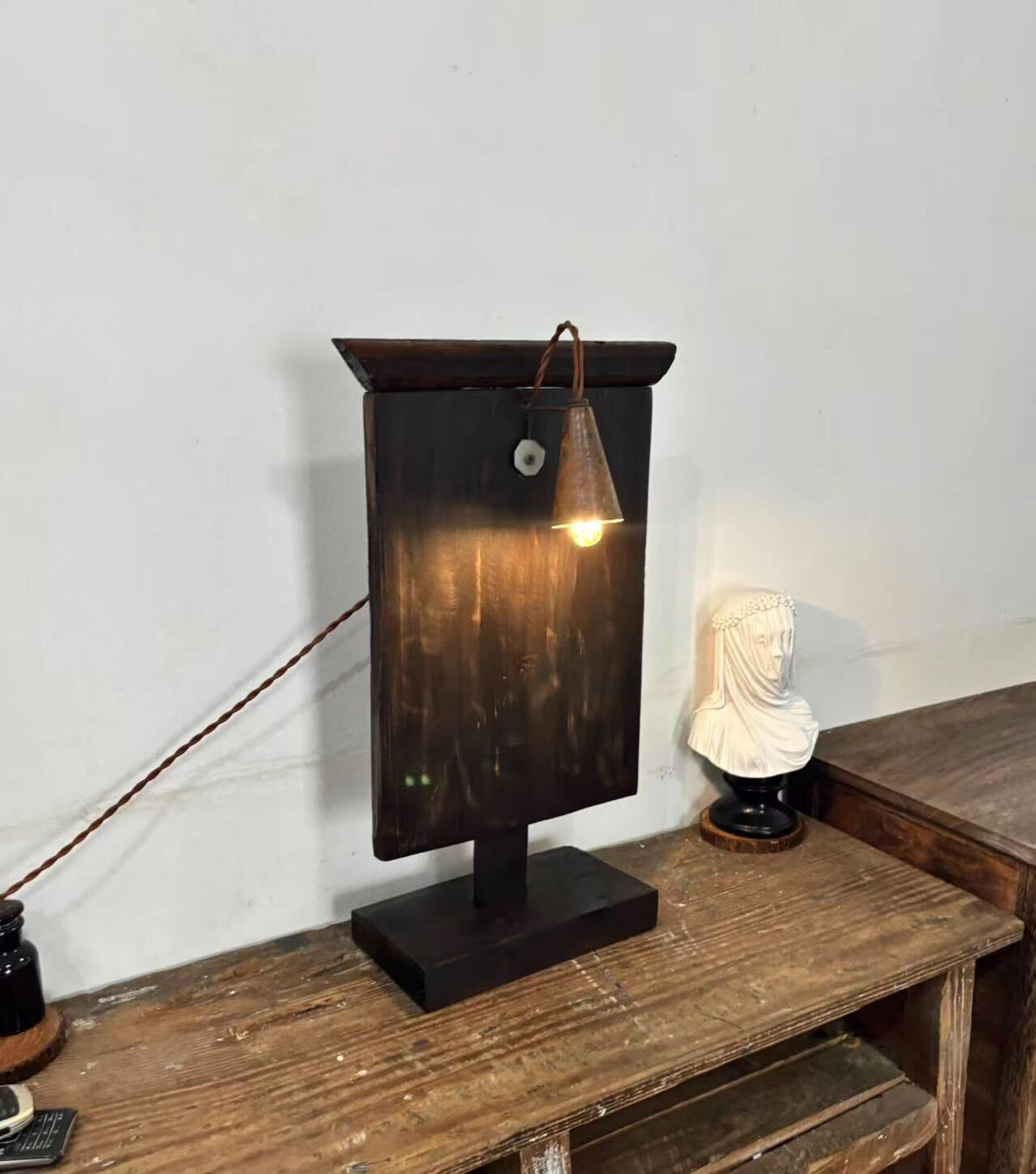 Vintage Solid Wood Table Lamp Rustic Industrial