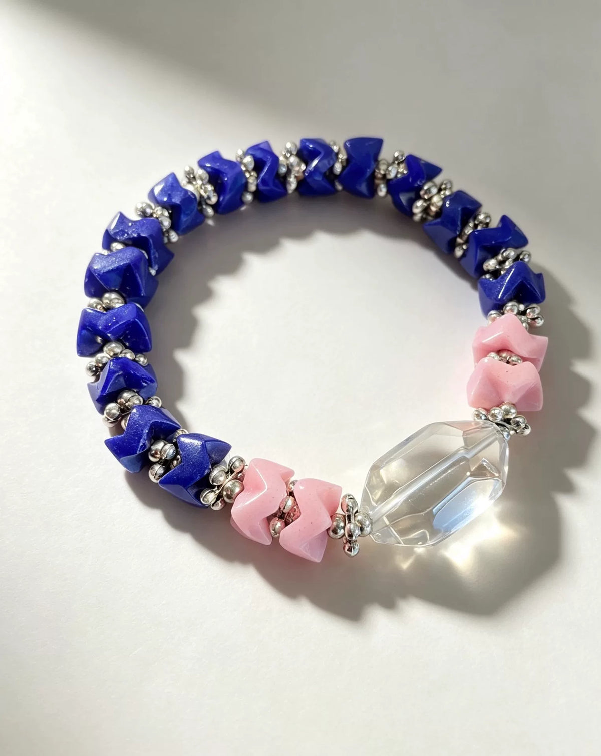 Blue Pink Chevron Beaded Bracelet Clear Crystal