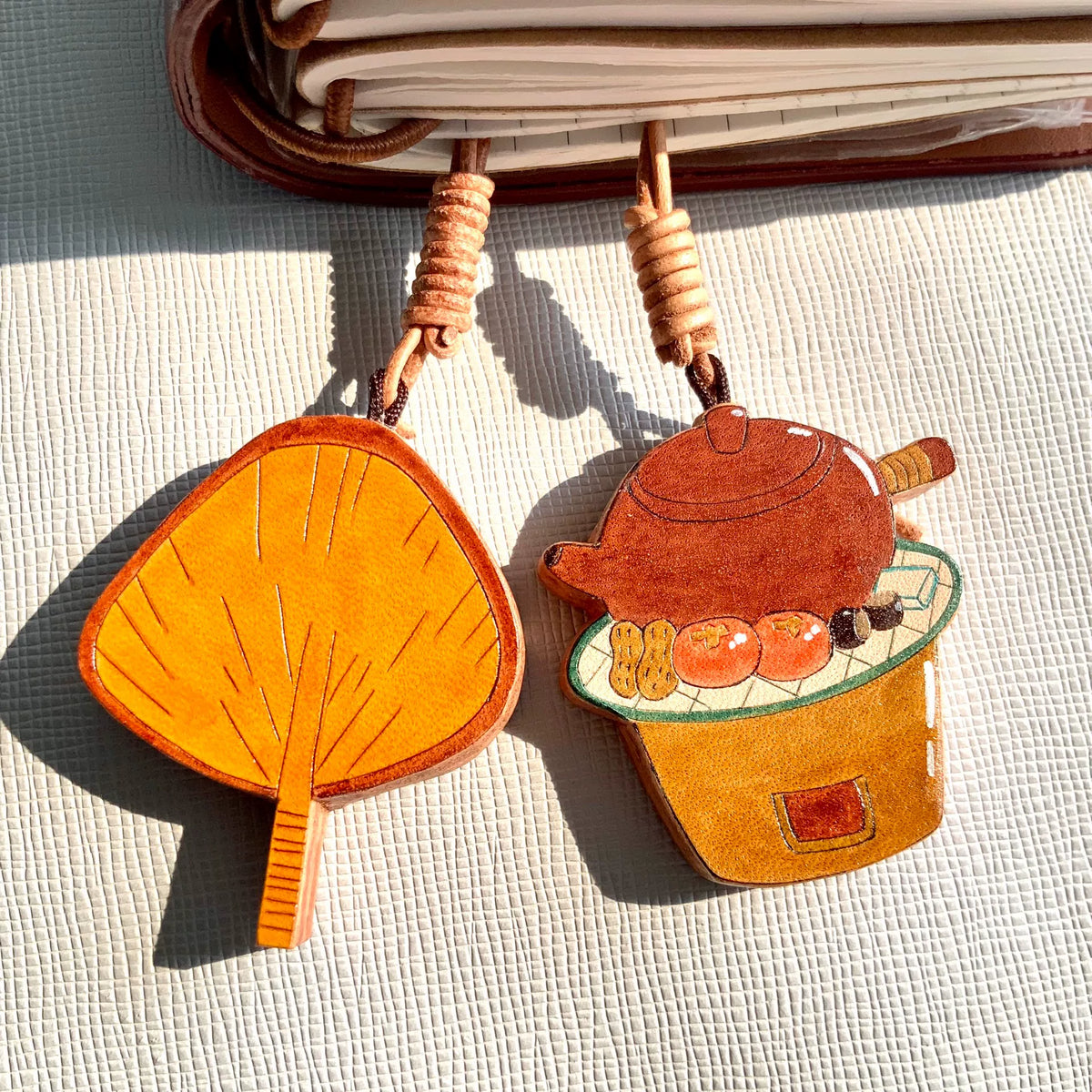 Hand Painted Leather Tea Charm Keyring