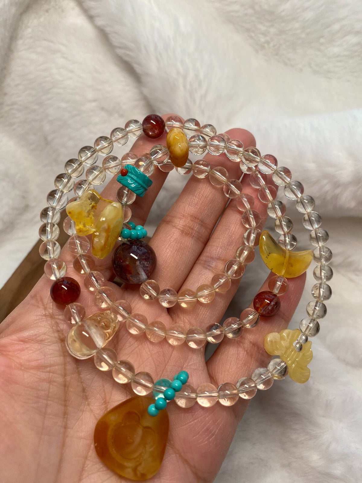 Crystal Agate Amber Pixiu Triple Wrap Bracelet