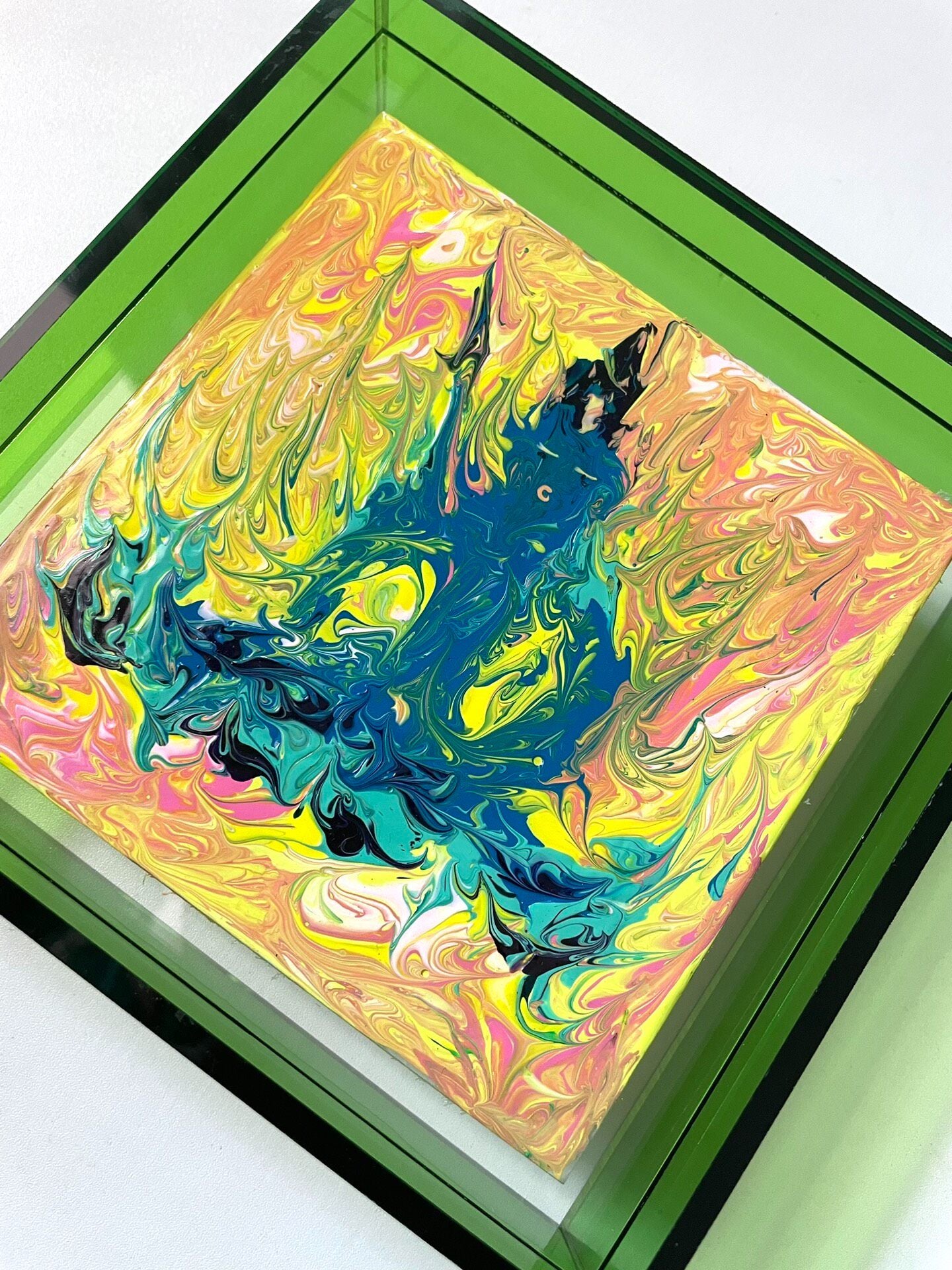 Acrylic Painting of Central Blue Figure in Green Frame