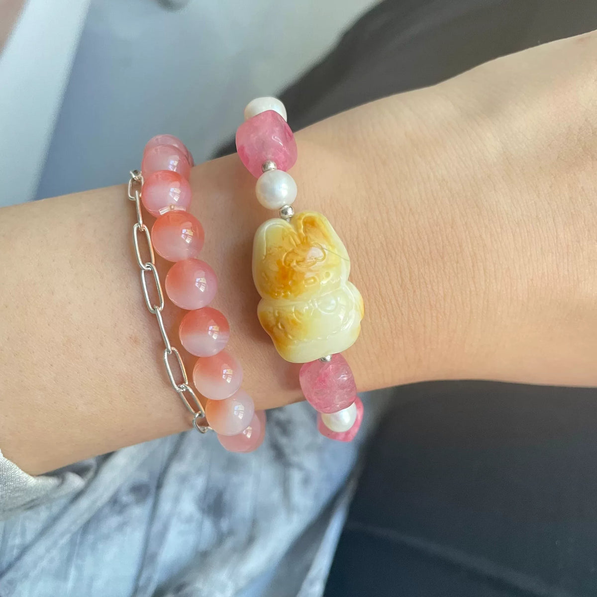 Amber Rabbit Rhodonite Pearl Bracelet