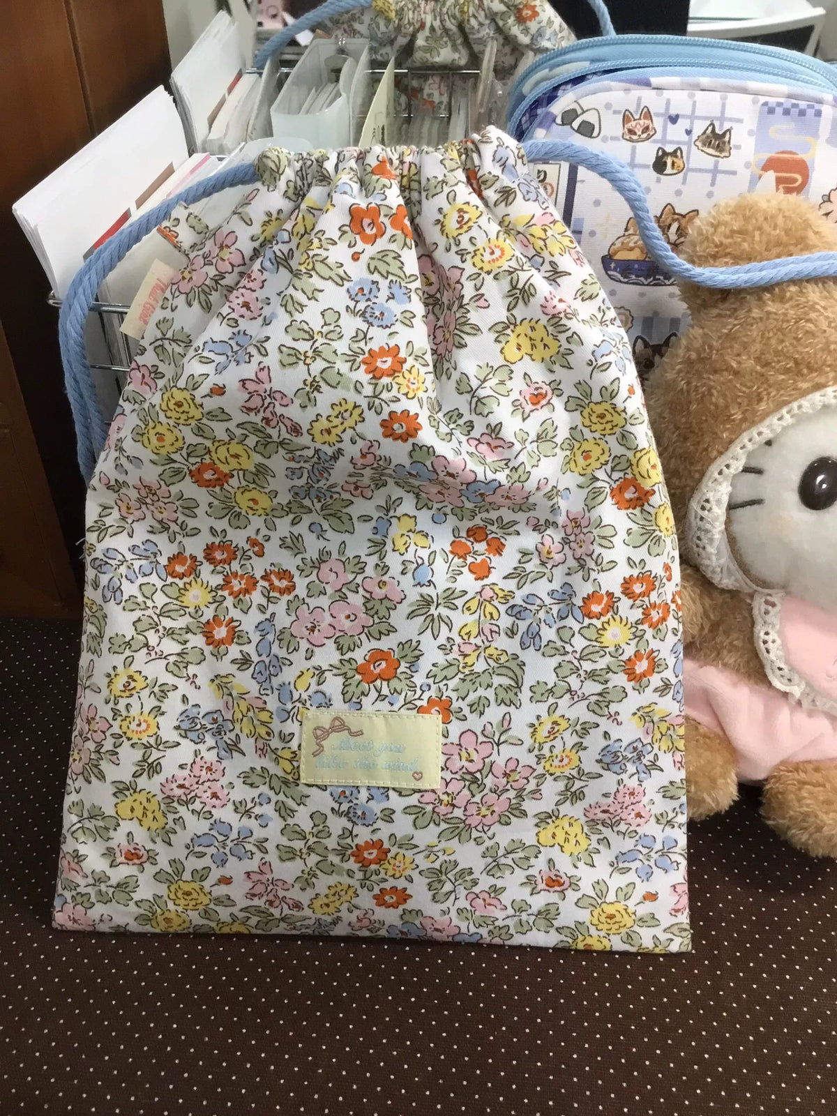 Floral Fabric Drawstring Pouch with Fleece Lining