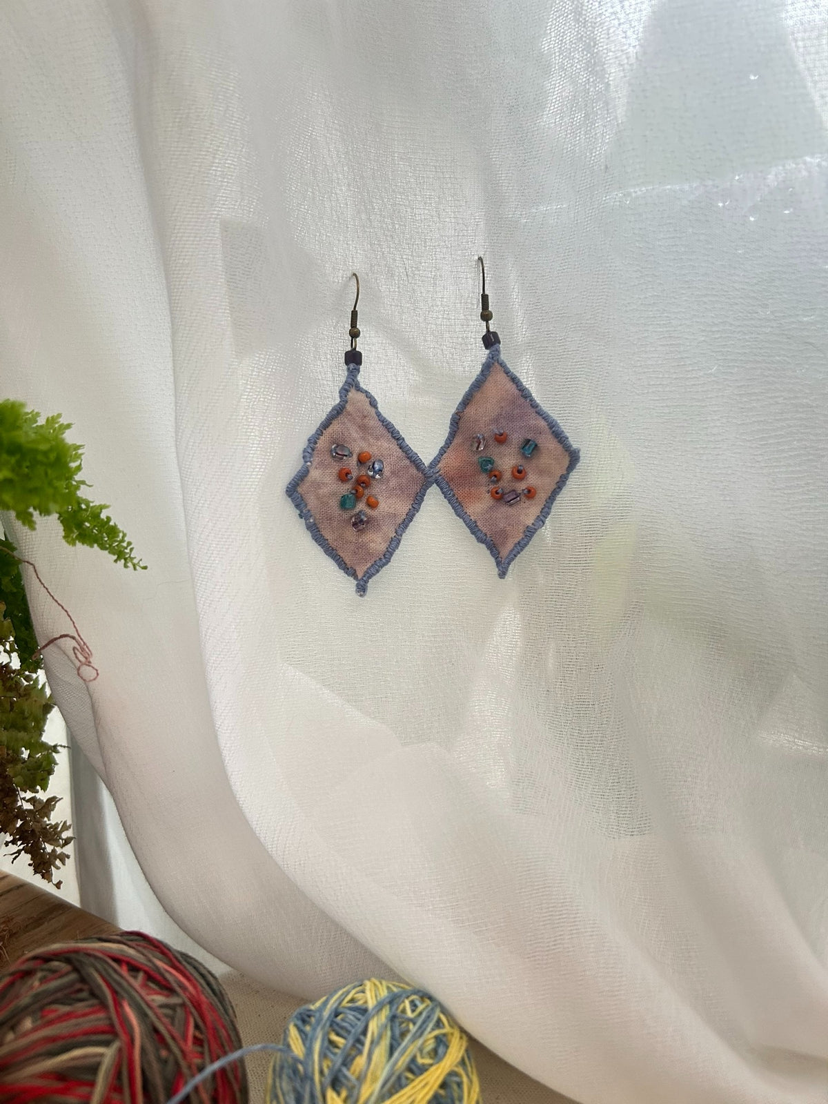 Handcrafted Fabric Earrings with Beaded Diamond Design