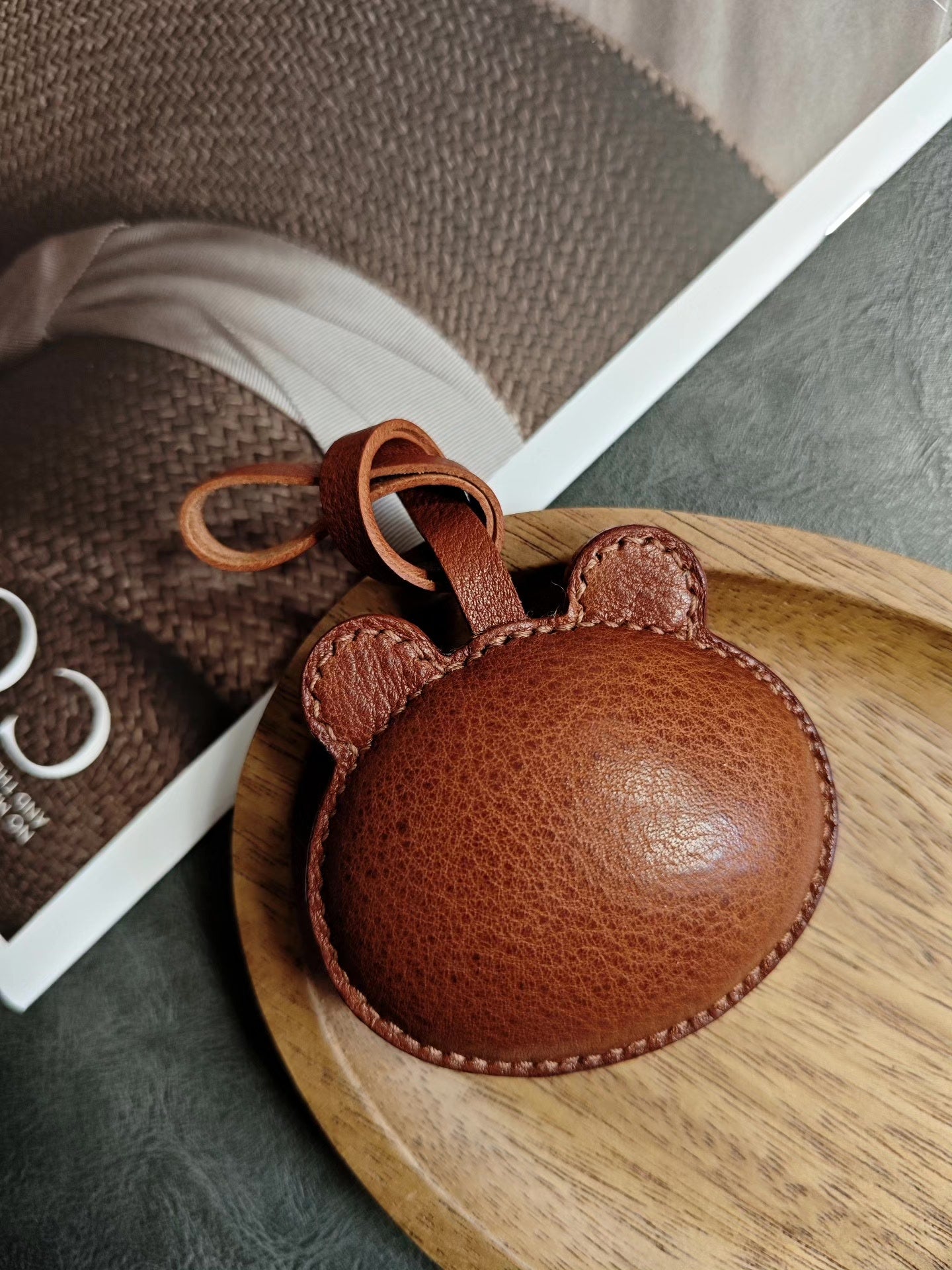 Hand-Stitched Brown Bear Head Leather Keychain Bag Charm