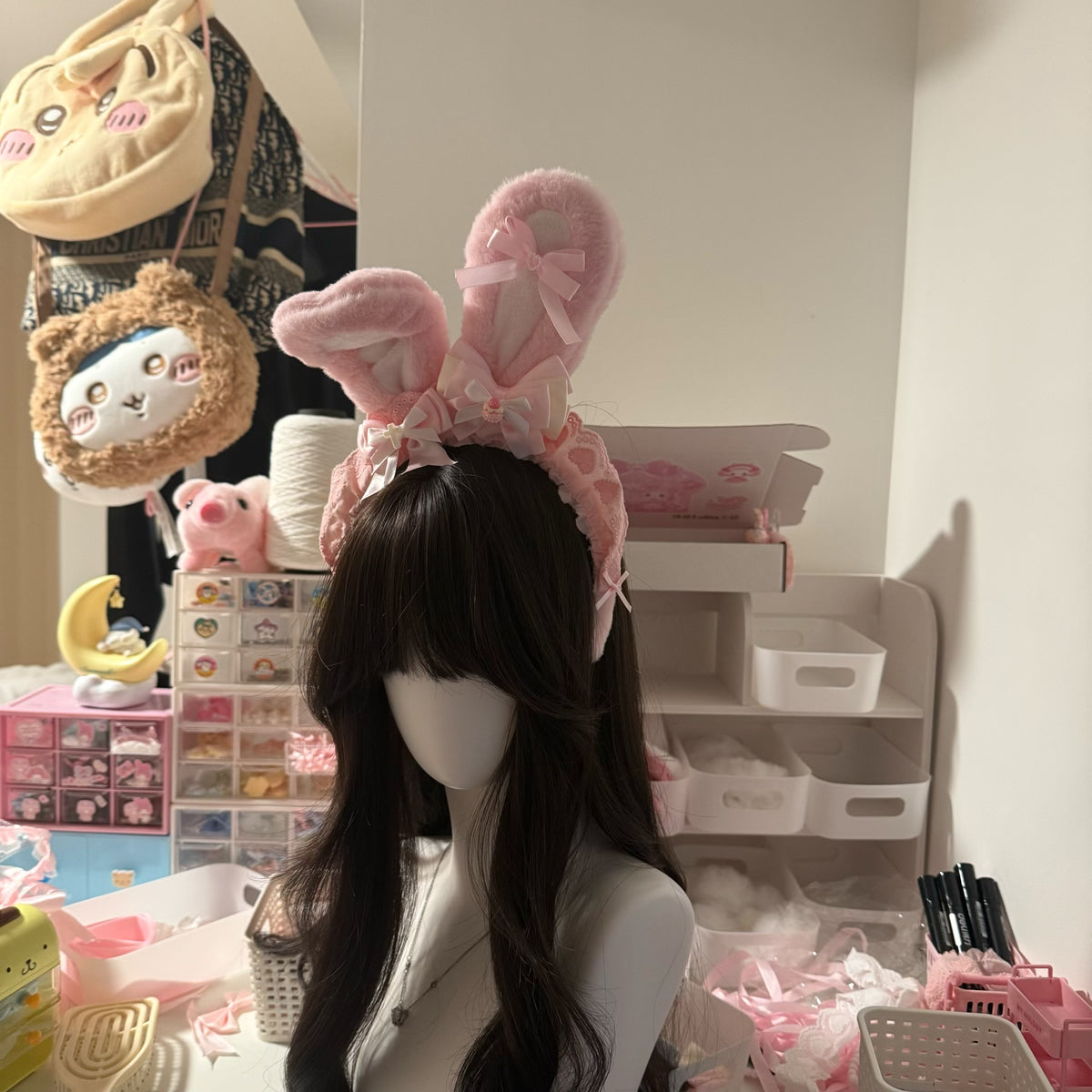 Pink Plush Bunny Ear Headband with Satin Bow