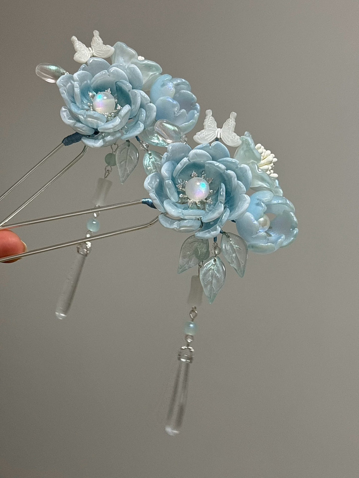 Glass Hairpin with Sky Blue Floral Design