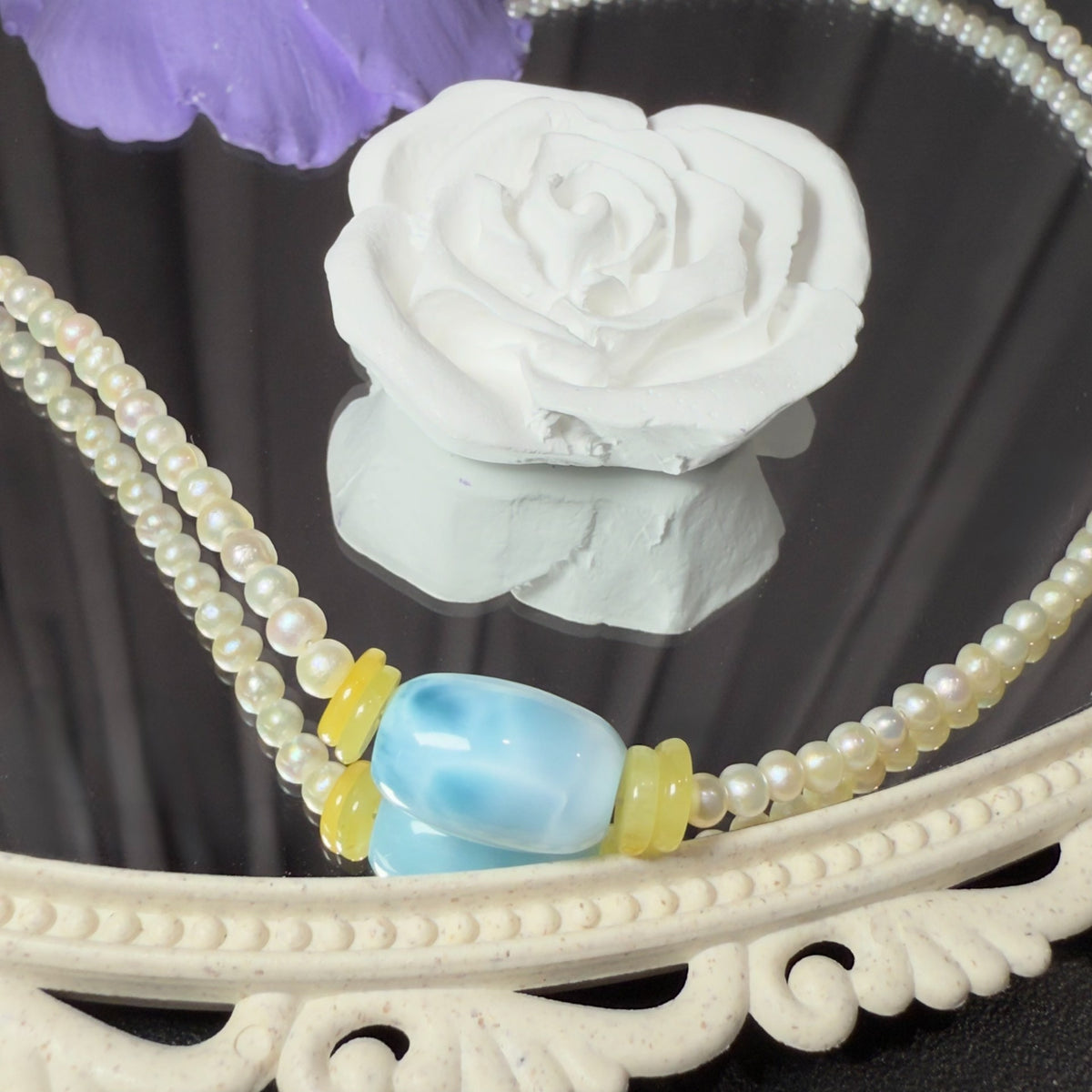 Collar de Larimar, Ámbar y Perlas con Cierre de Plata 925