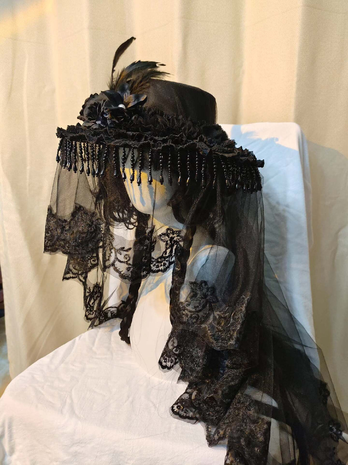Gothic Beaded Veil Hat with Feathers