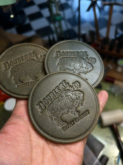 Set of Three Vegetable-Tanned Leather Coasters with Bison Embossed Design