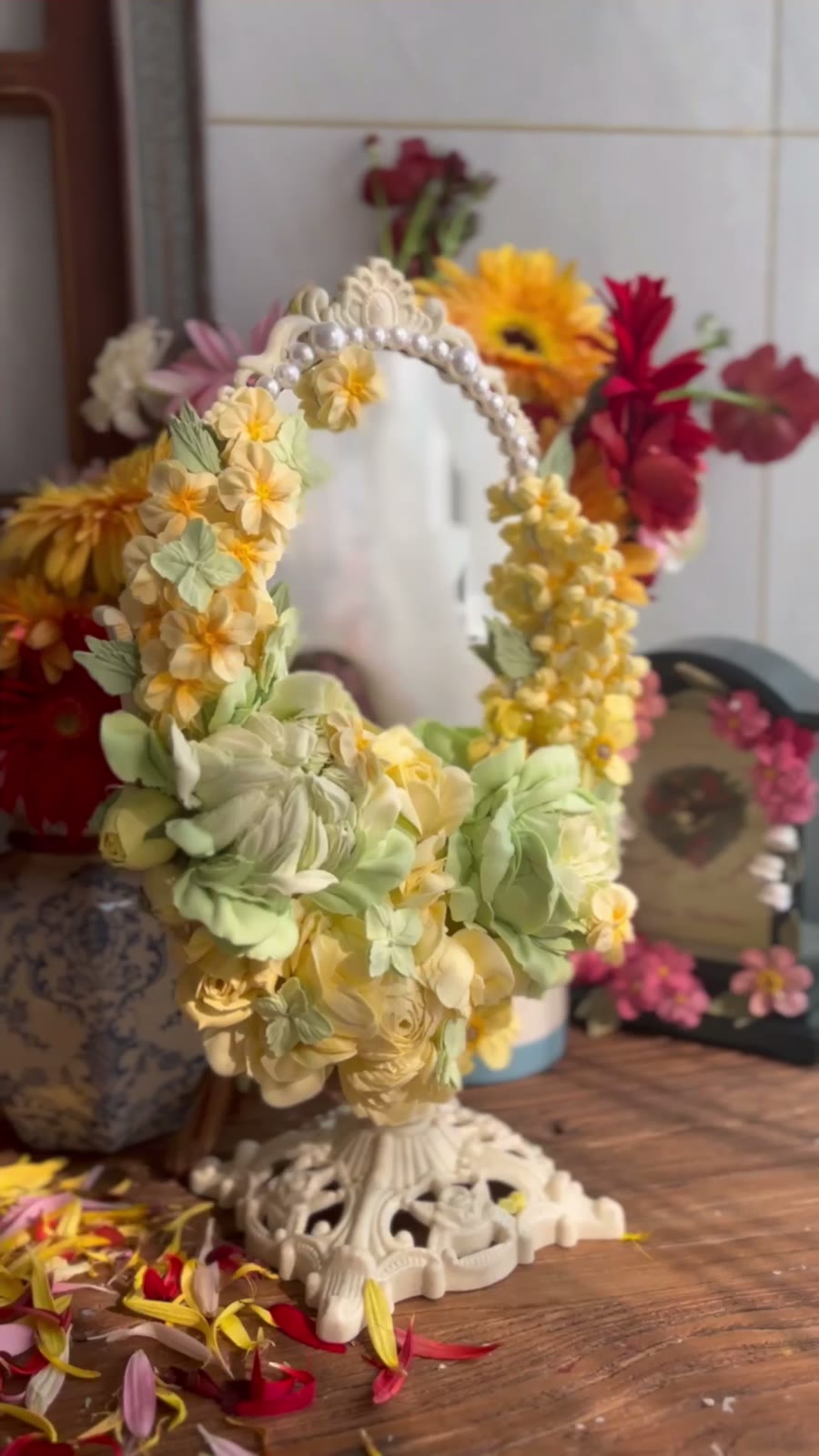 Clay Piped Floral Oval Vanity Mirror