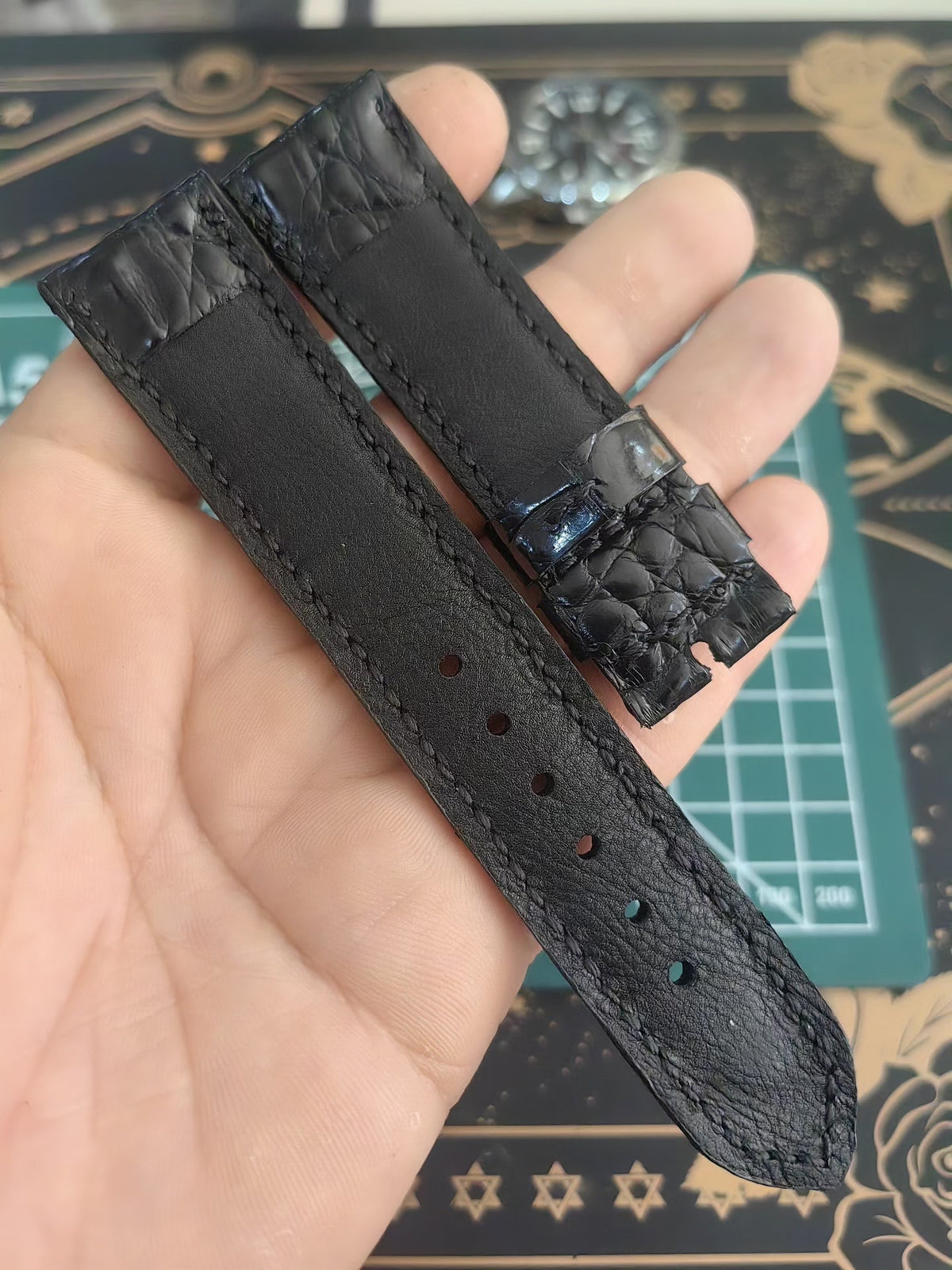 Handcrafted Black Crocodile Leather Watch Strap 22mm