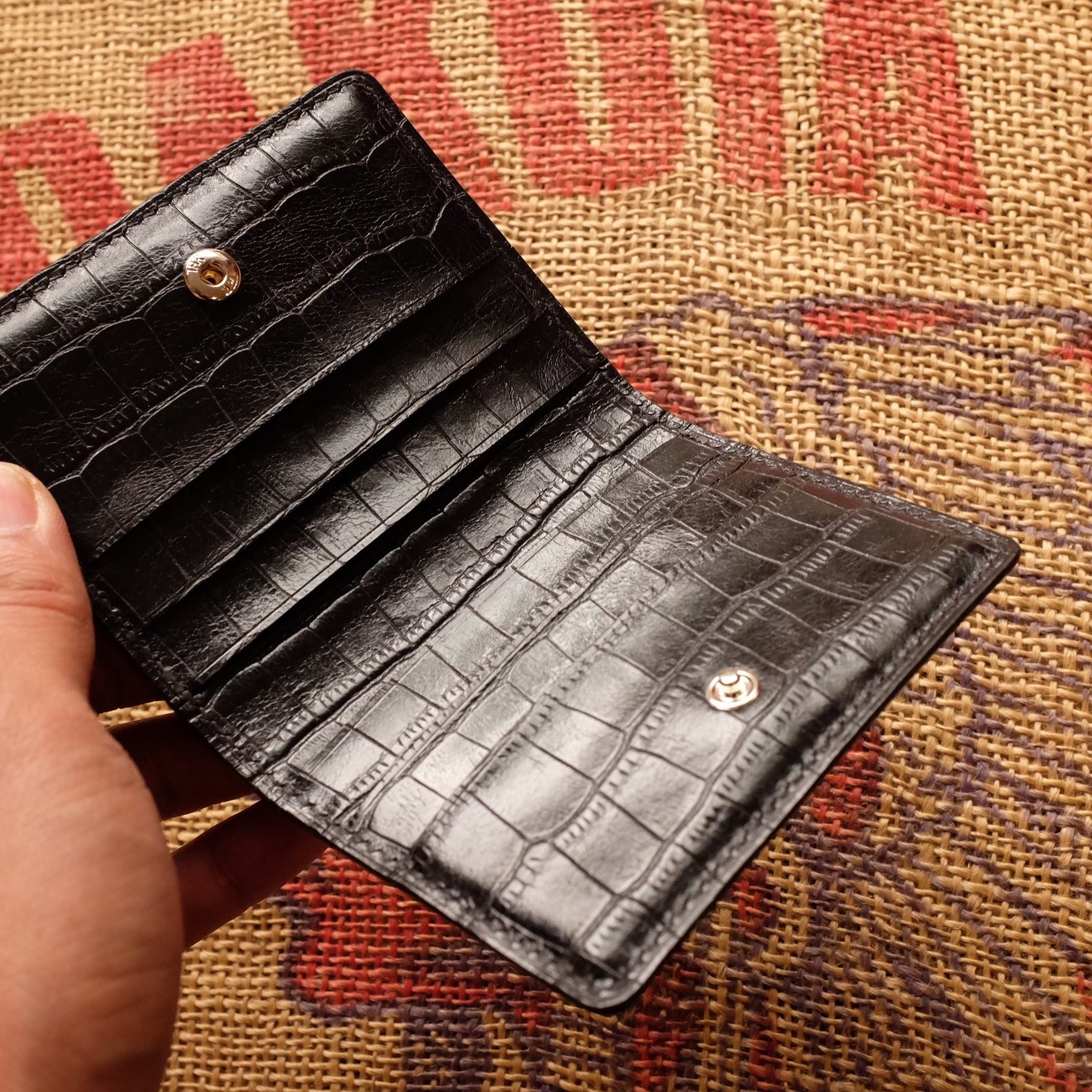 Black Leather Embossed Crocodile Bi-Fold Wallet