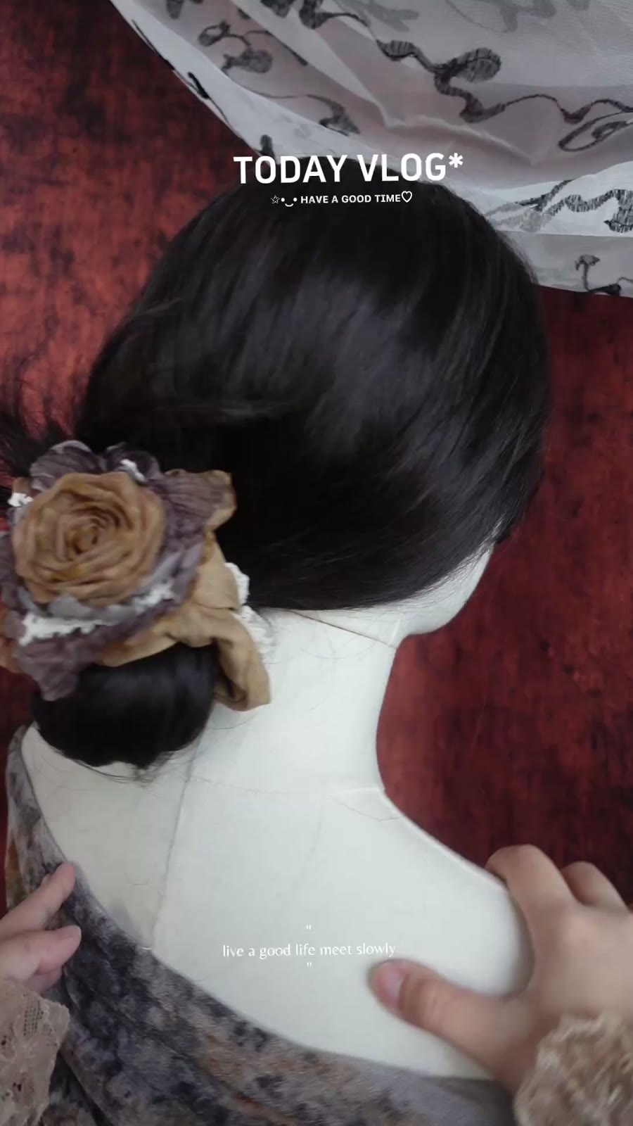Fabric Scrunchie with Dried Rose Floral Embellishment