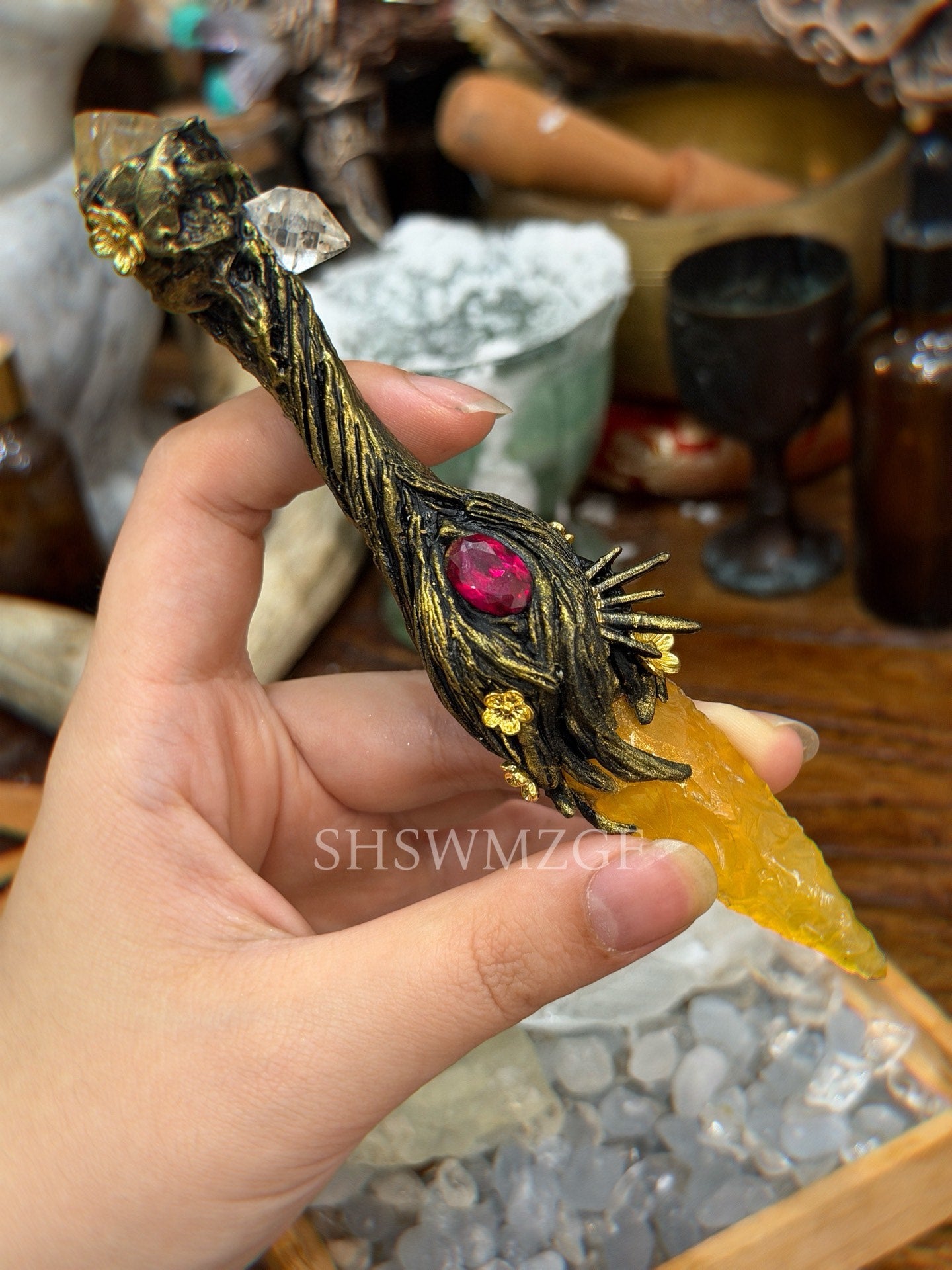 Handcrafted Stone Dagger with Wood Handle and Crystal Blade