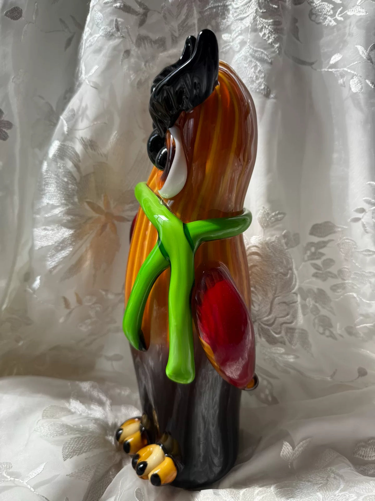 Liuli Glass Owl Figurine with Green Scarf