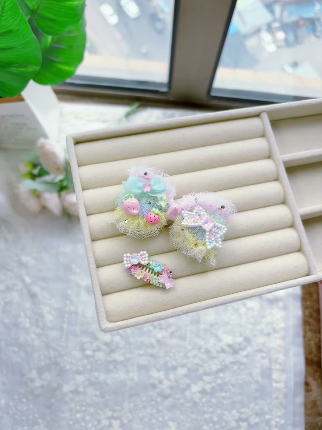 Handgakte Set Haarclips Dieren Pastel Regenboog Tule