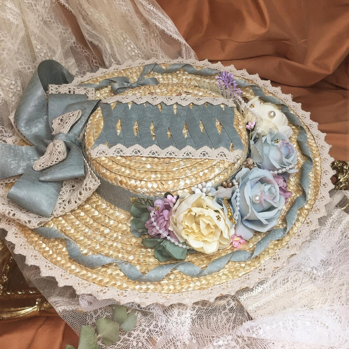 Lolita Straw Flat Hat with Floral Trim