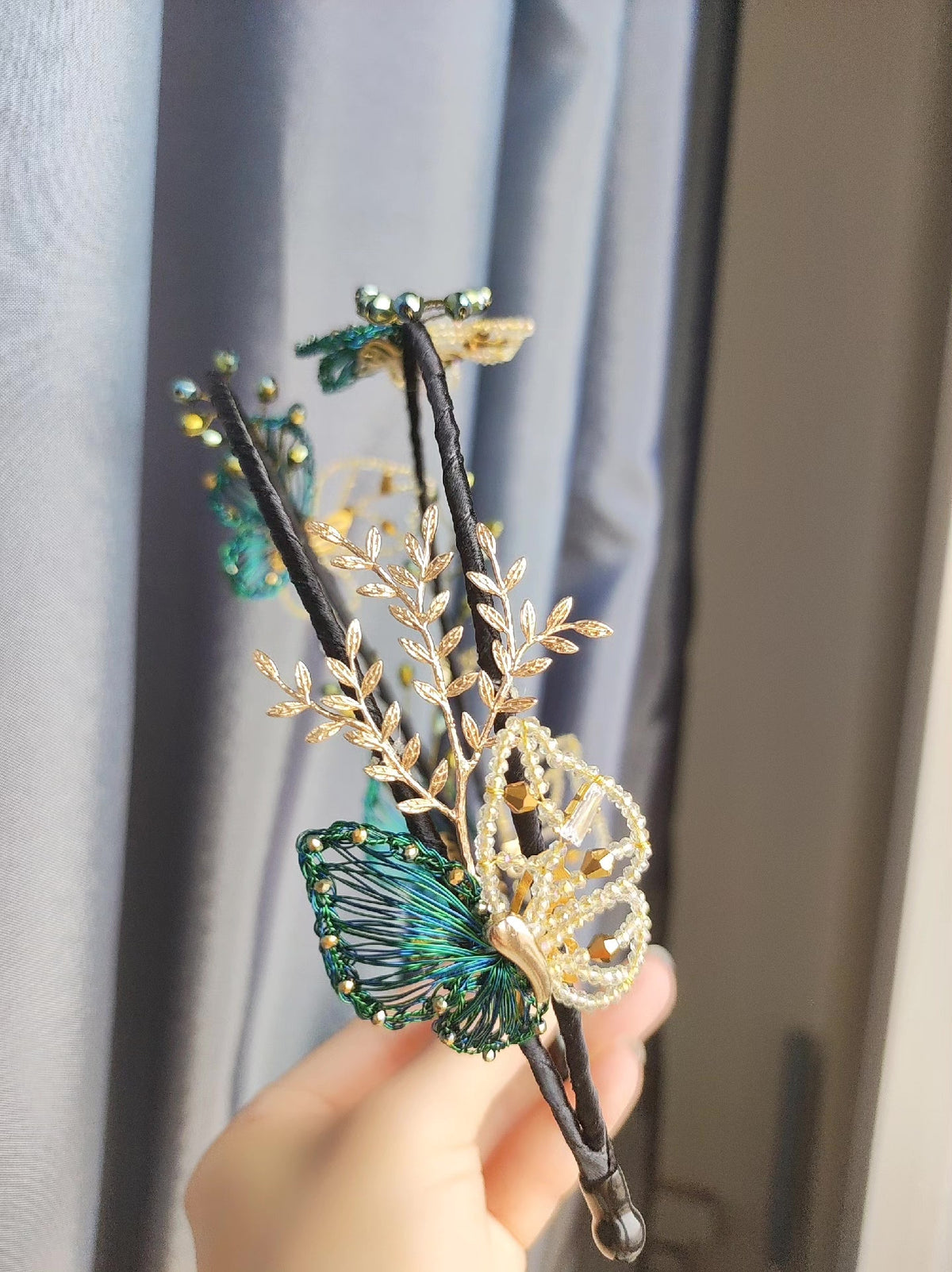 Double-Rod Headband with Butterfly Bead Decor