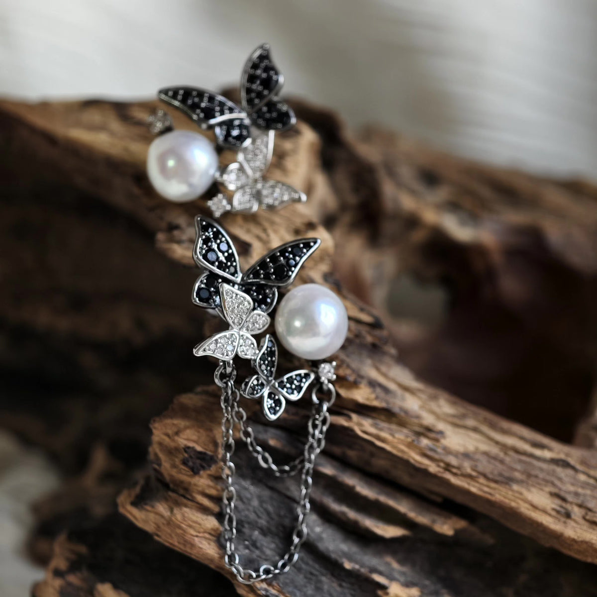 Asymmetric Butterfly Pearl Silver Stud Earrings