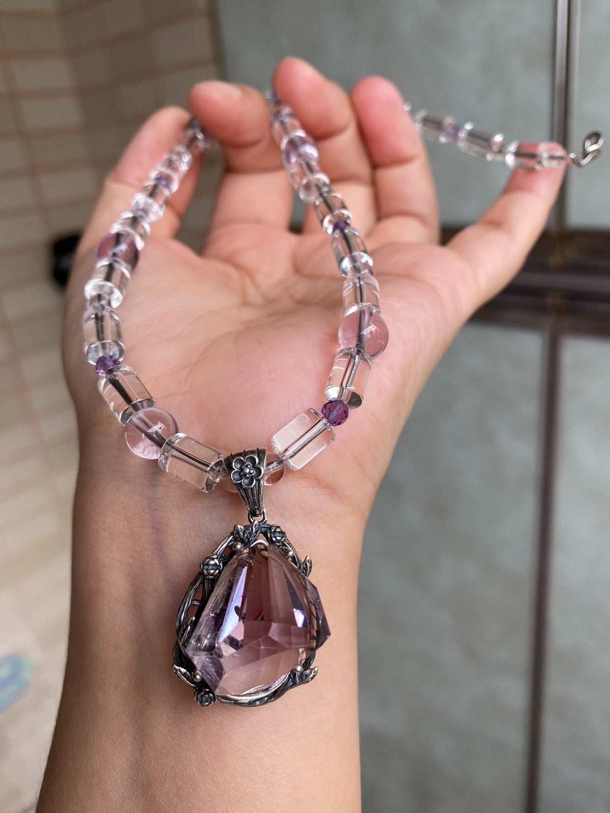 Amethyst Pendant Necklace with White Quartz Beads