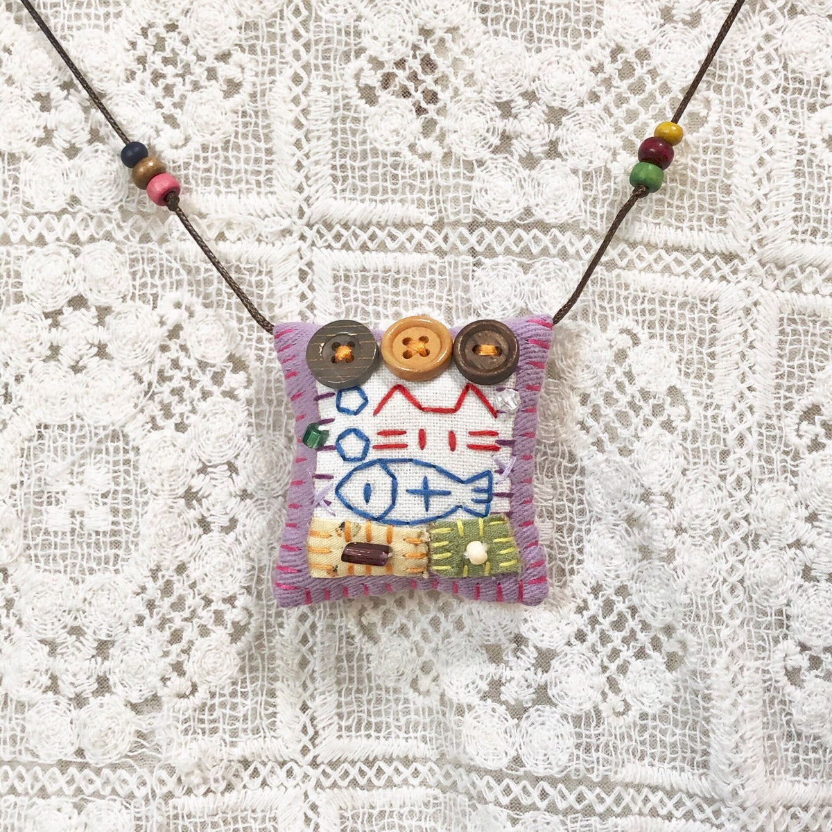 Handmade Fabric Cat and Fish Pendant Necklace