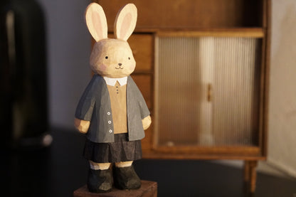 Hand-Carved Paulownia Wood Rabbit Figurine in School Uniform, 9cm