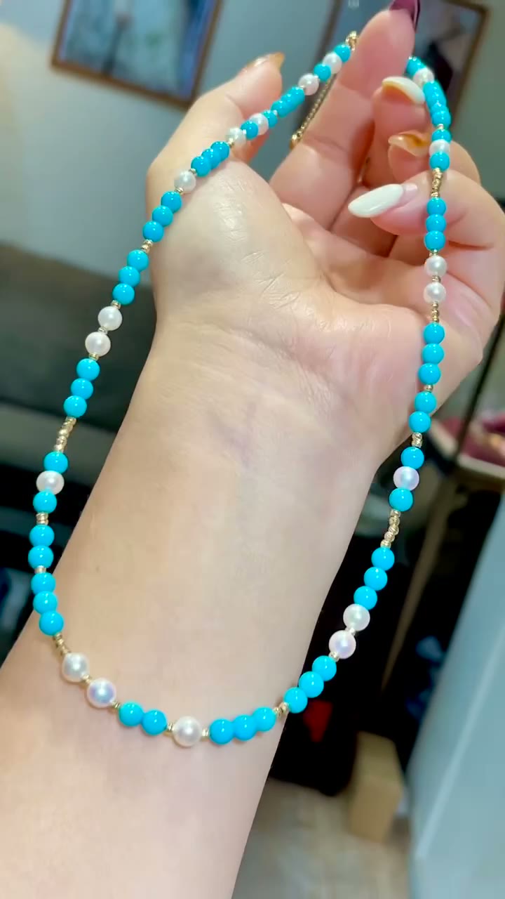 Turquoise Pearl Necklace 18K Gold Accent