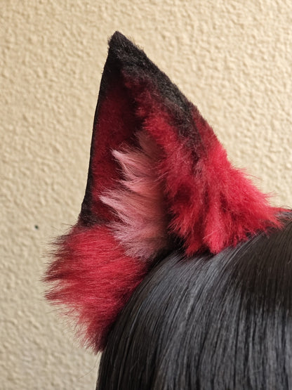 Handmade Dog Ears Headband - Red Black Gradient with Pink Fur Accent