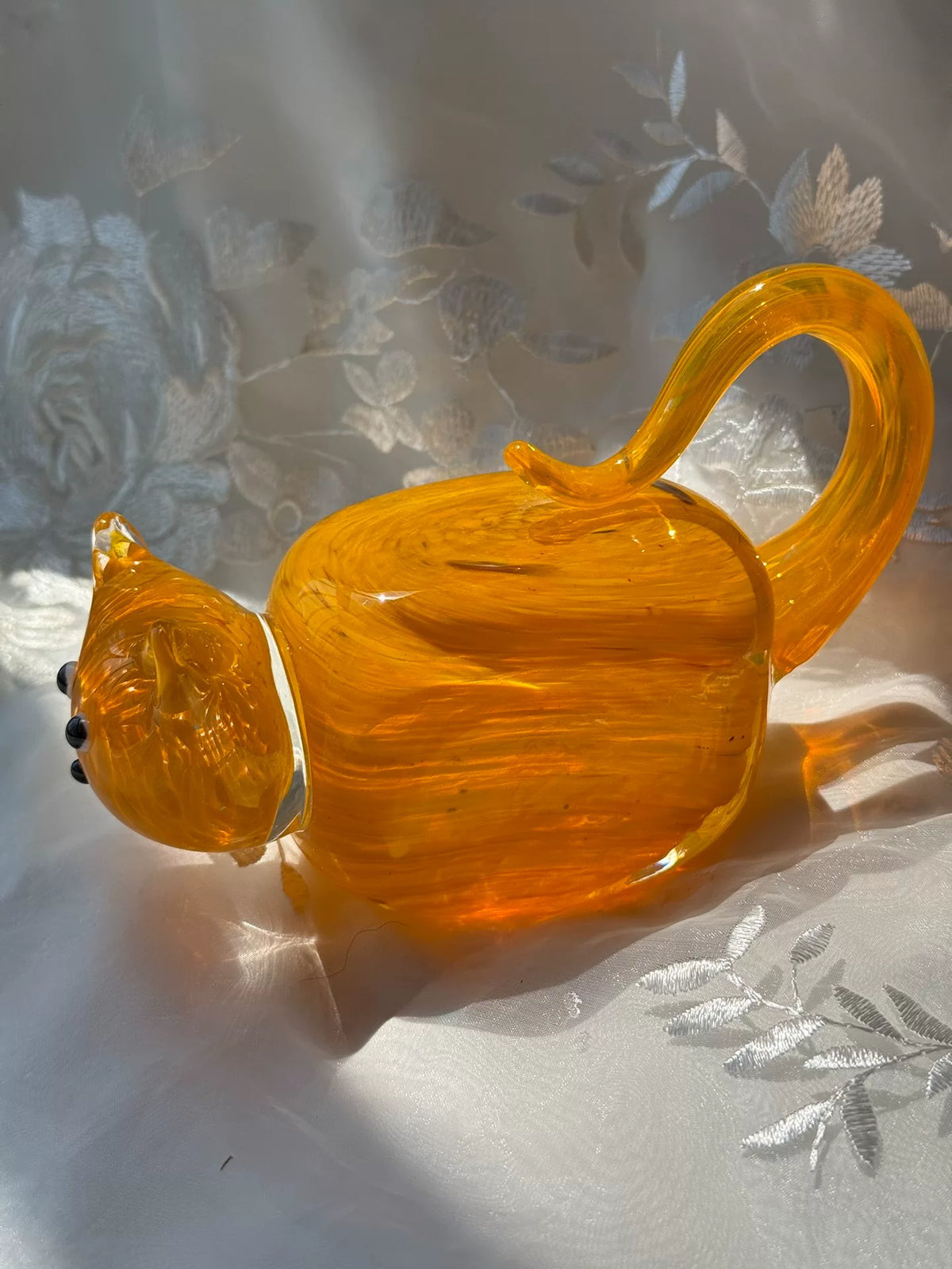 Statuina di Gatto in Vetro Ambra e Arancio Vintage