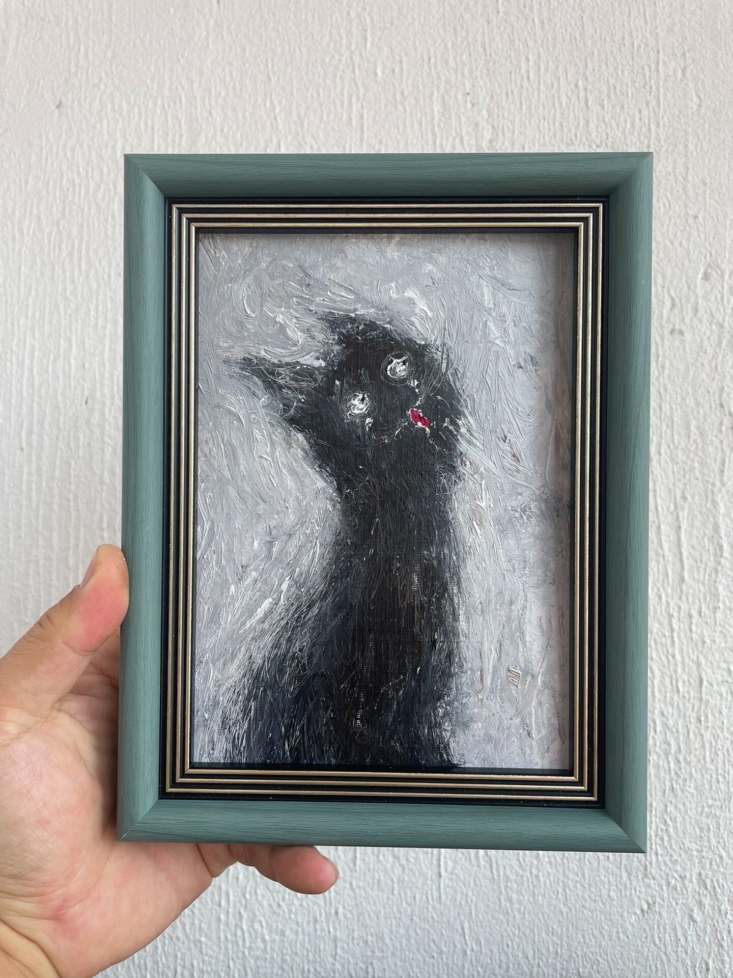 Hand-Painted Oil Artwork Black Cat Teal Frame Tabletop Display