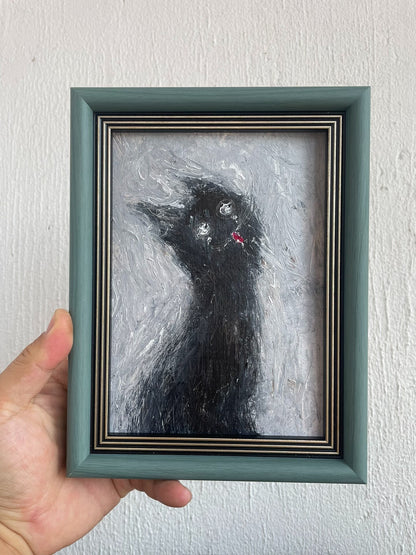 Hand-Painted Oil Artwork Black Cat Teal Frame Tabletop Display