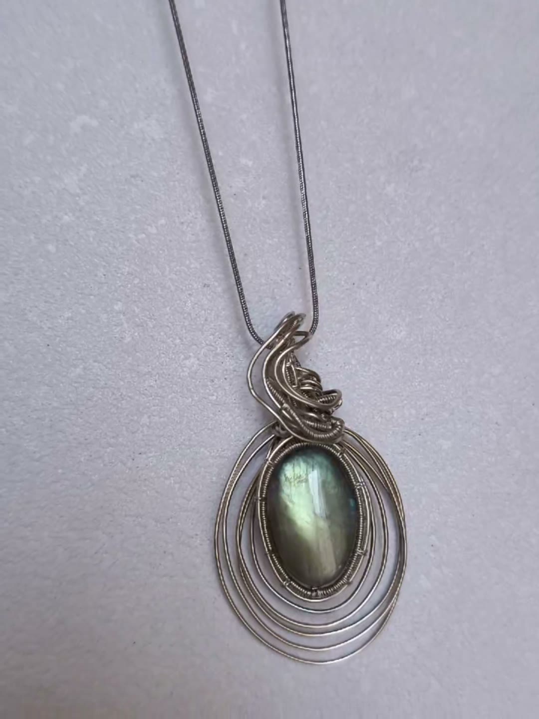 Oval Labradorite Wire Wrapped Pendant Necklace
