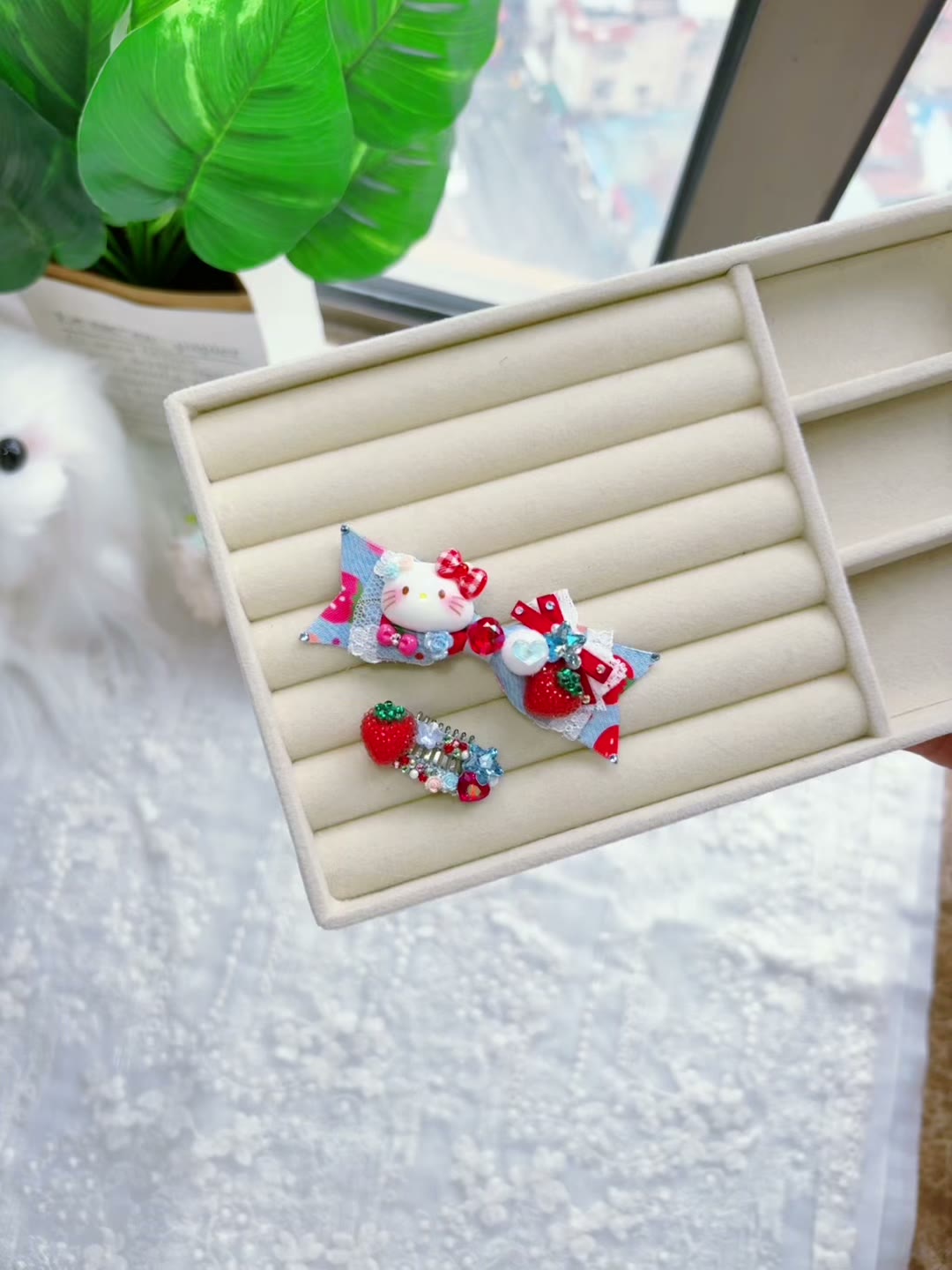 Strawberry Denim Cat Bow Pet Hair Clip Set