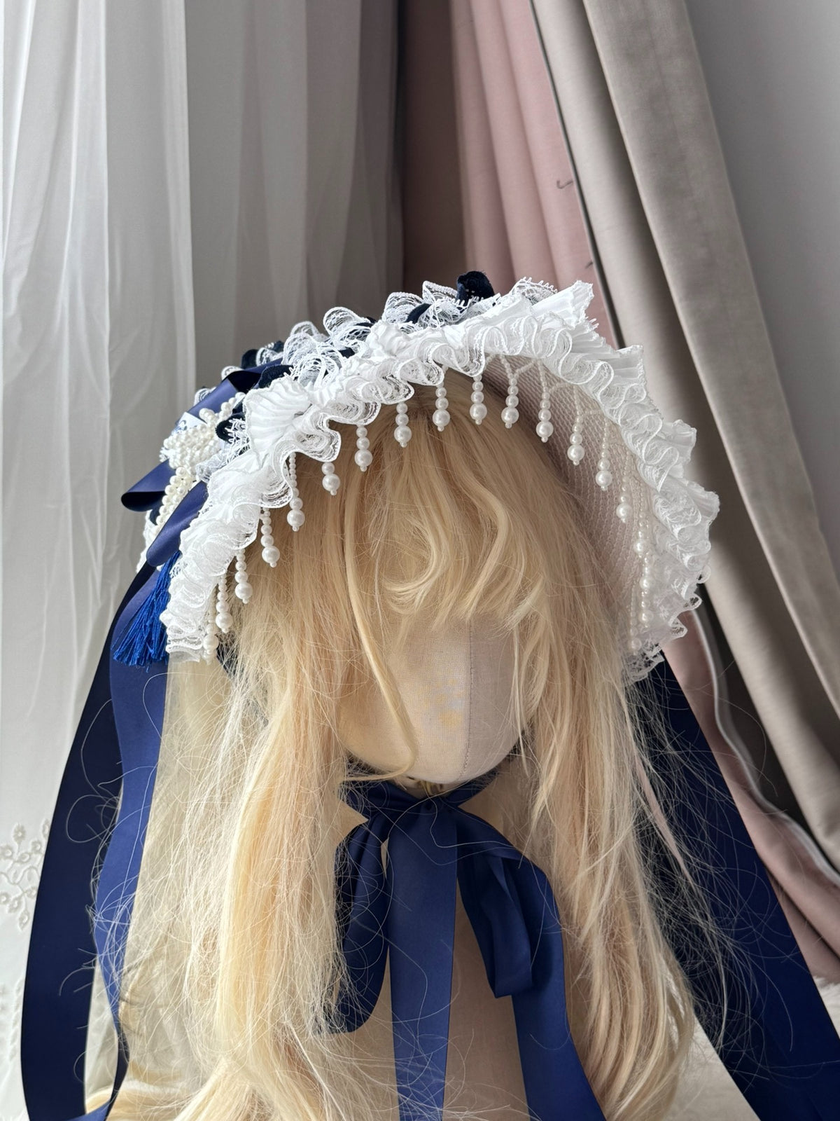 Navy Pearl Lace Lolita Bonnet Hat Base