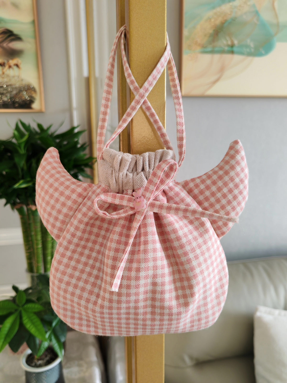 Handgemaakte Oudroze Gingham Katoenen Trekzak