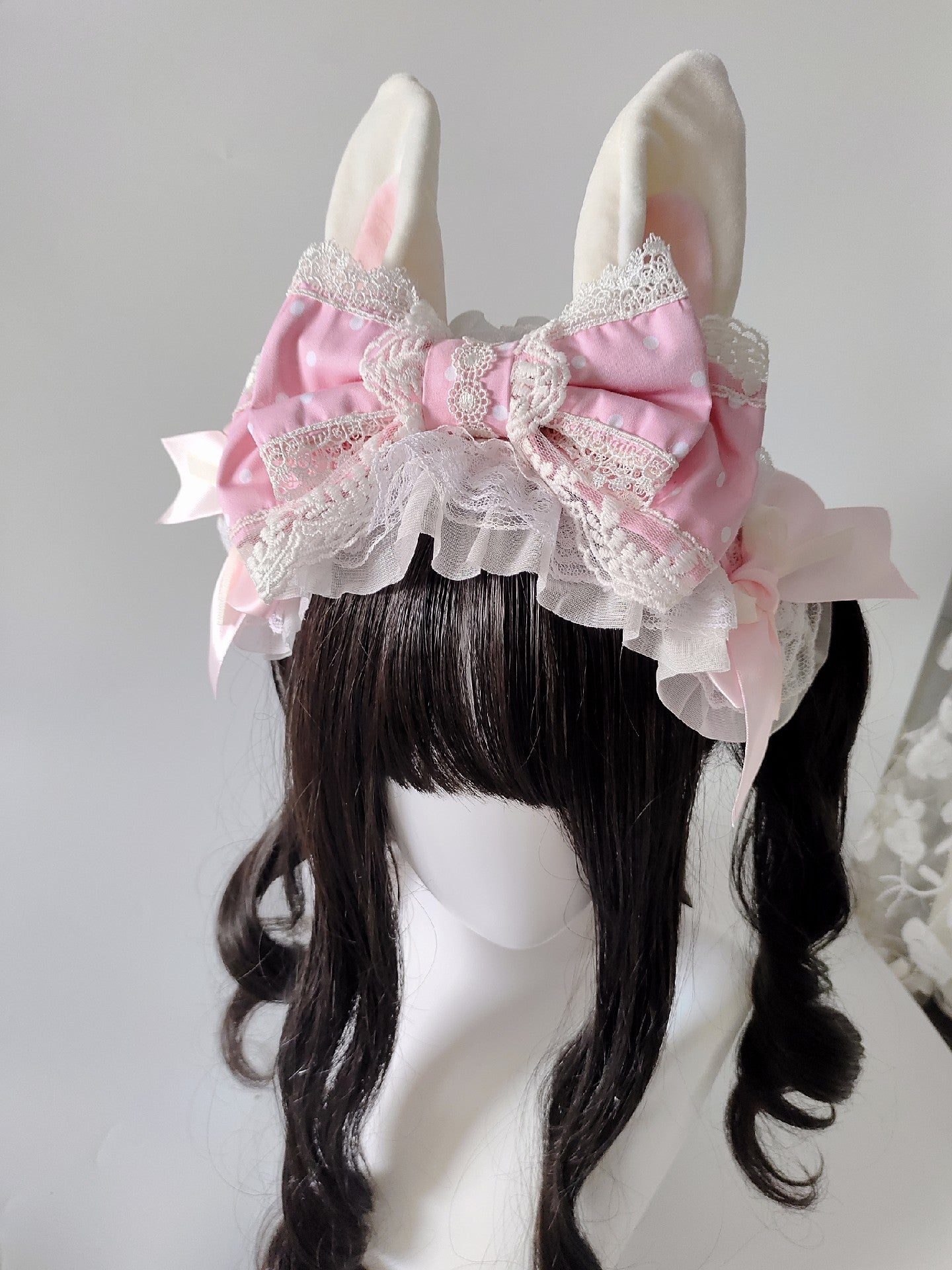Pink and White Lolita Rabbit Ear Headband with Polka Dot Bow