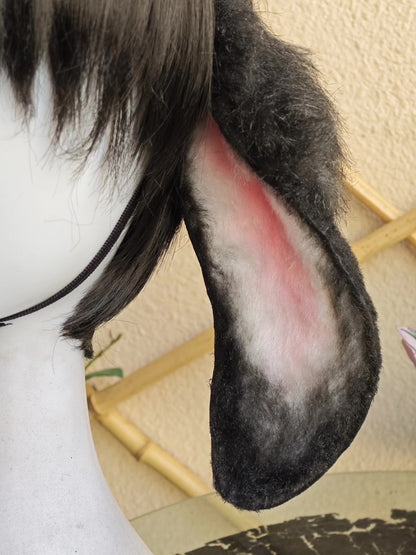 Handmade Lop-Ear Rabbit Ears with Black-to-Gray Fur