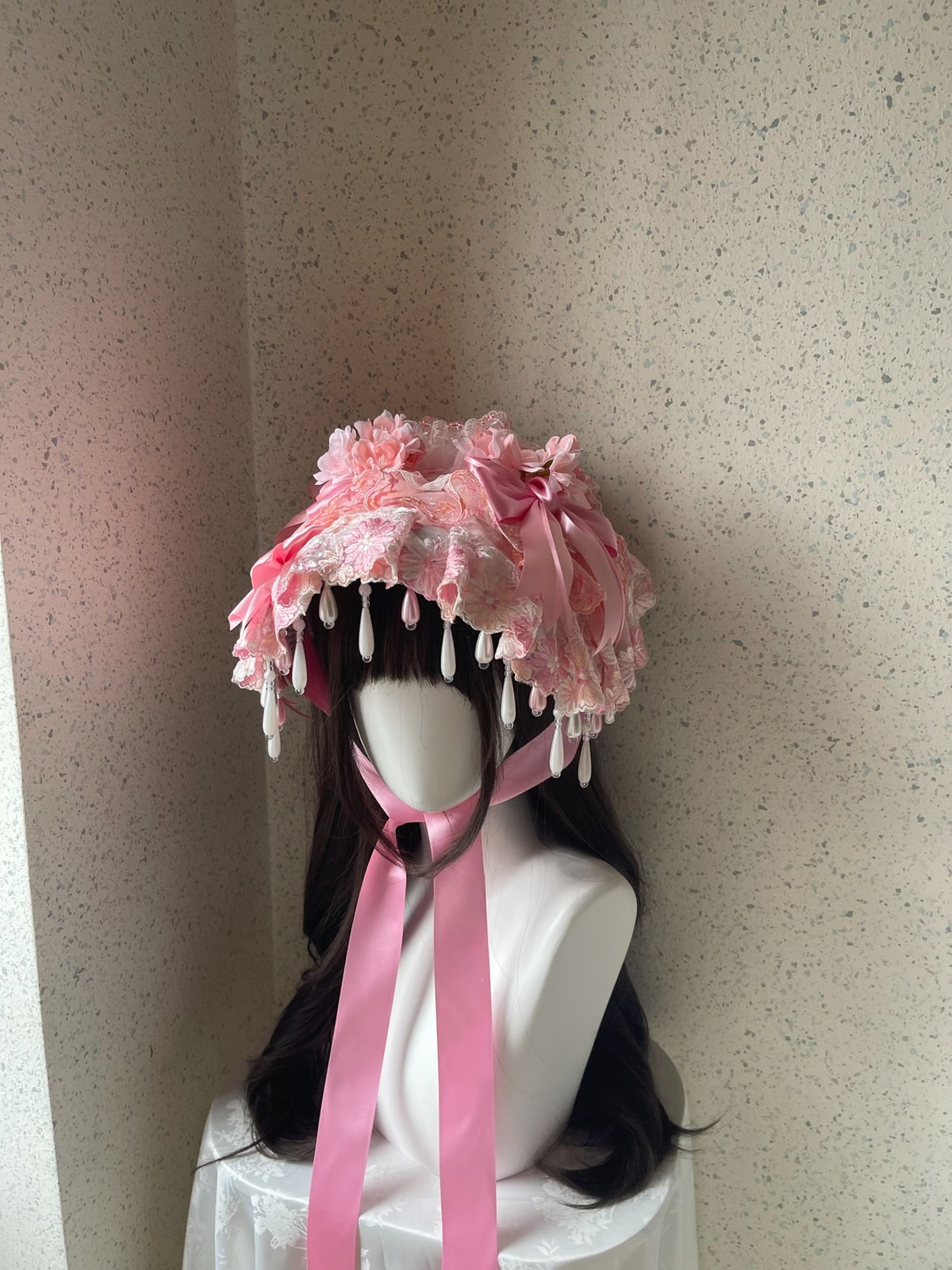 Lolita Pink Lace Bonnet Handmade